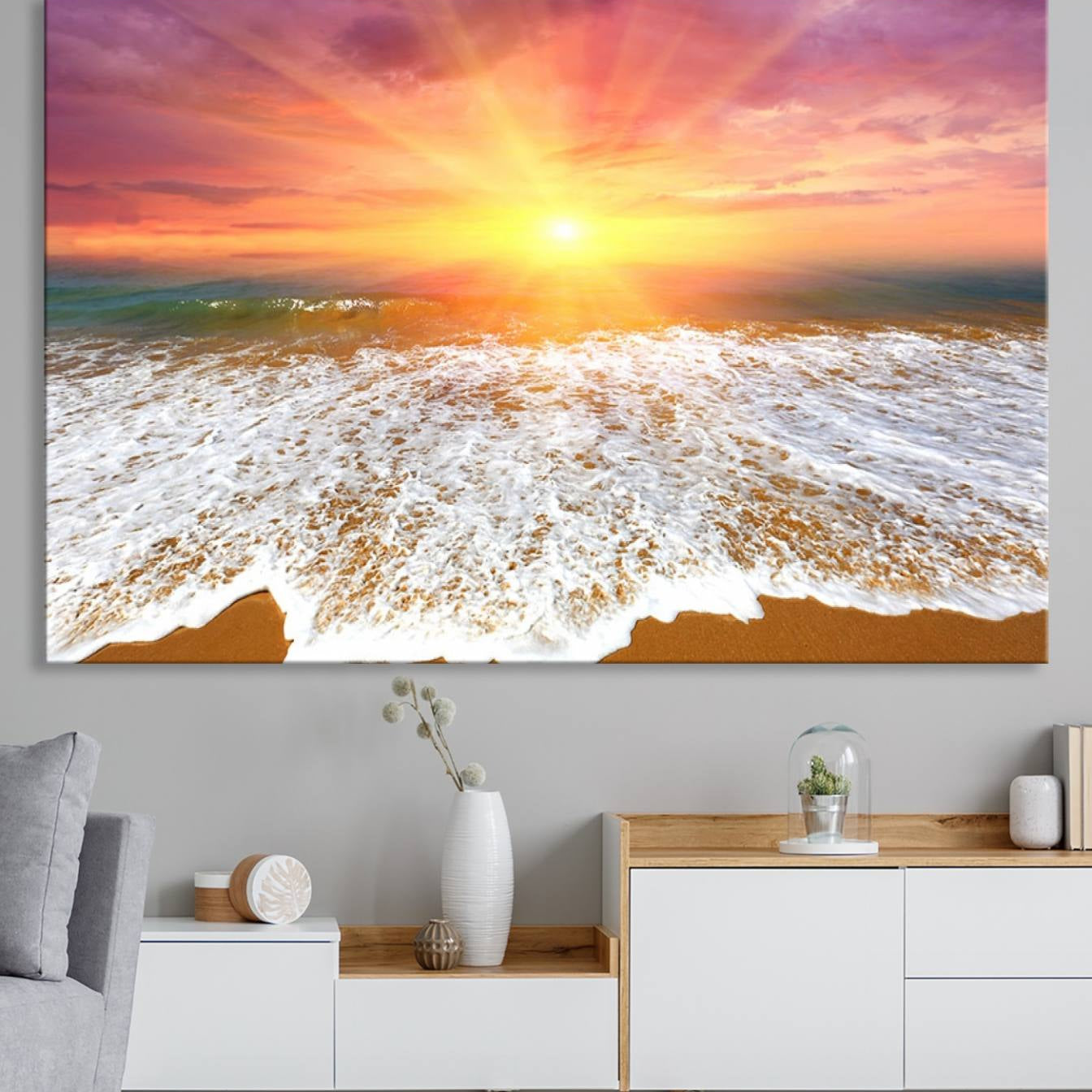 -Golden Beach Sunrise Canvas Wall Art, 3-Panel Giclee Print Featuring Ocean Waves on Sandy Shore,
