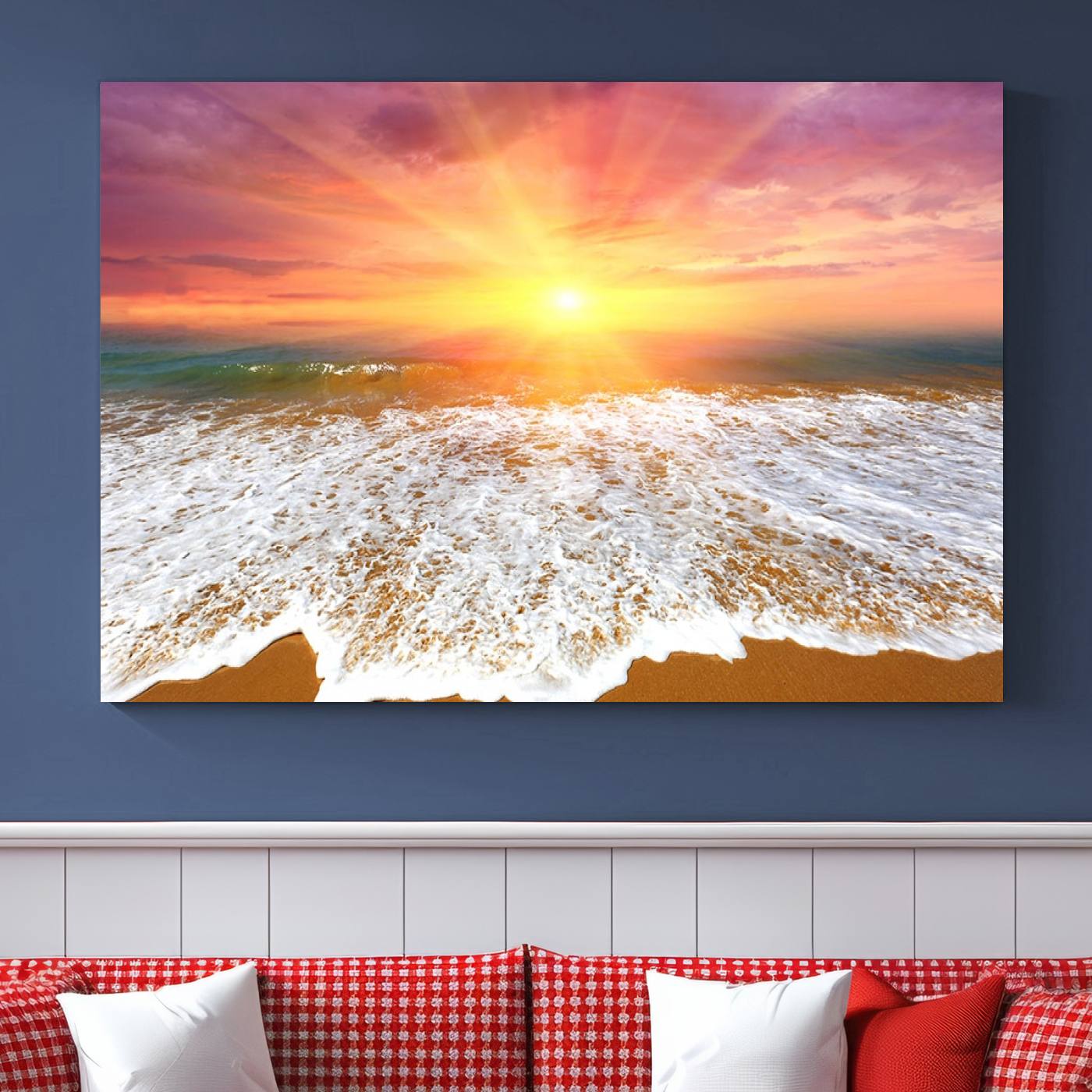 -Golden Beach Sunrise Canvas Wall Art, 3-Panel Giclee Print Featuring Ocean Waves on Sandy Shore,