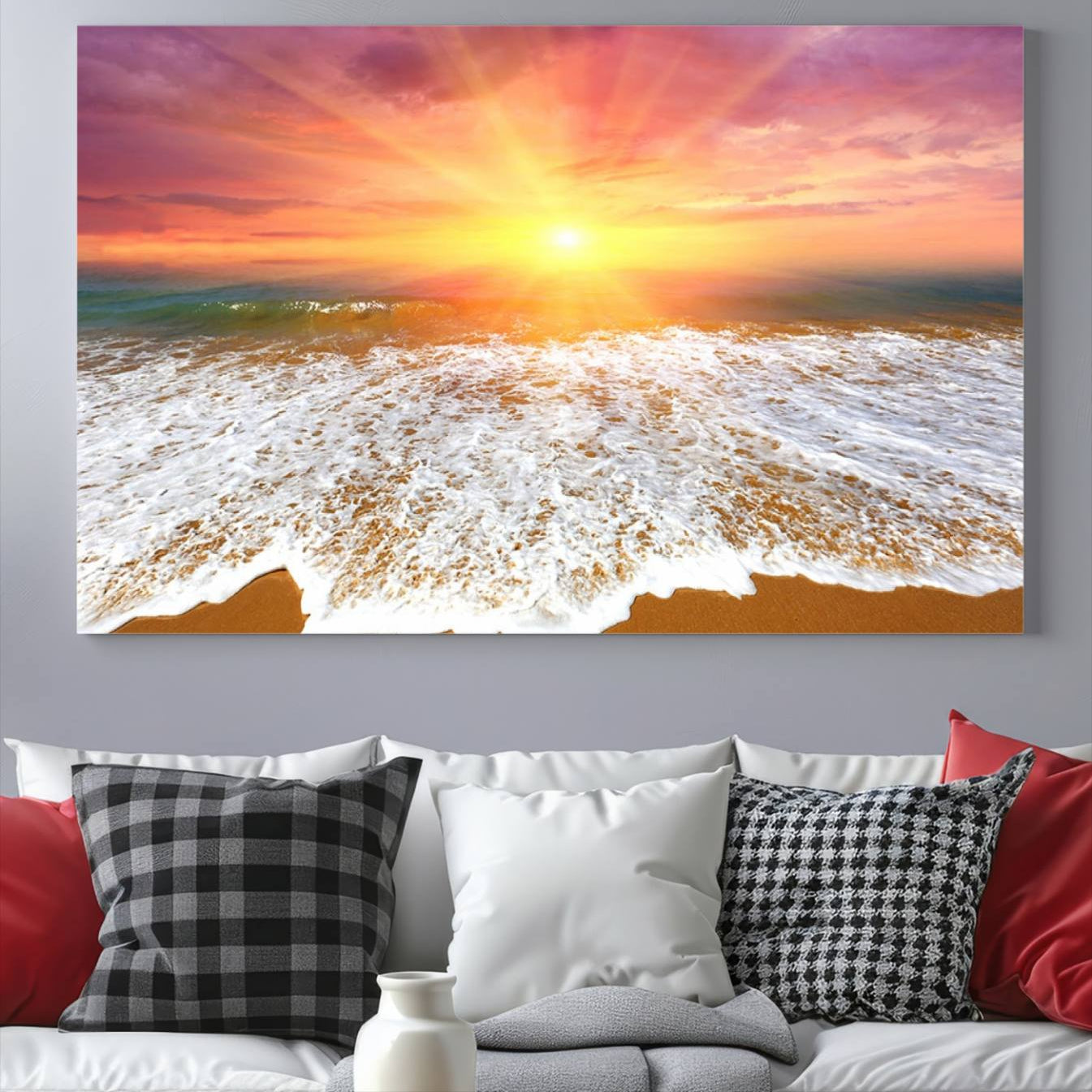 -Golden Beach Sunrise Canvas Wall Art, 3-Panel Giclee Print Featuring Ocean Waves on Sandy Shore,