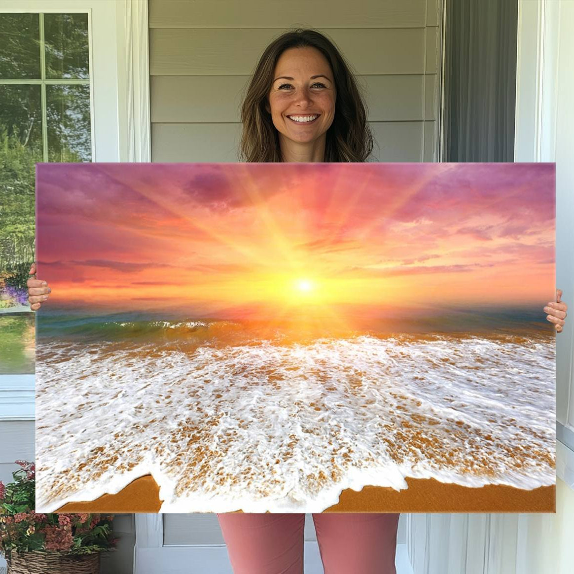 -Golden Beach Sunrise Canvas Wall Art, 3-Panel Giclee Print Featuring Ocean Waves on Sandy Shore,
