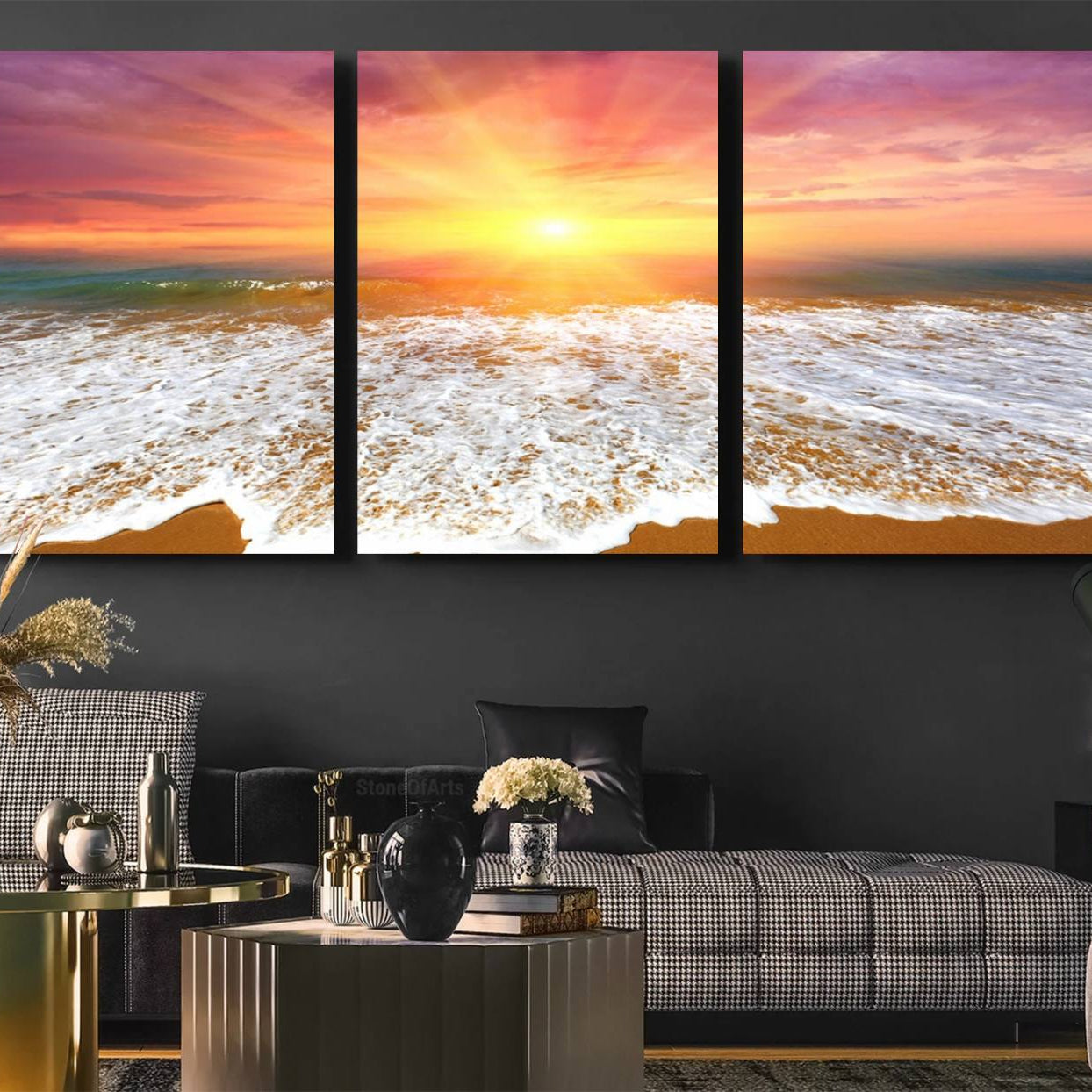 73780-MGV-CV-60X30-3P-Golden Beach Sunrise Canvas Wall Art, 3-Panel Giclee Print Featuring Ocean Waves on Sandy Shore,