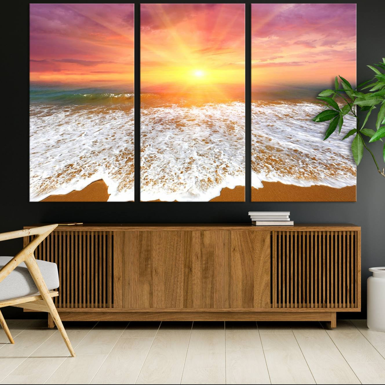 -Golden Beach Sunrise Canvas Wall Art, 3-Panel Giclee Print Featuring Ocean Waves on Sandy Shore,
