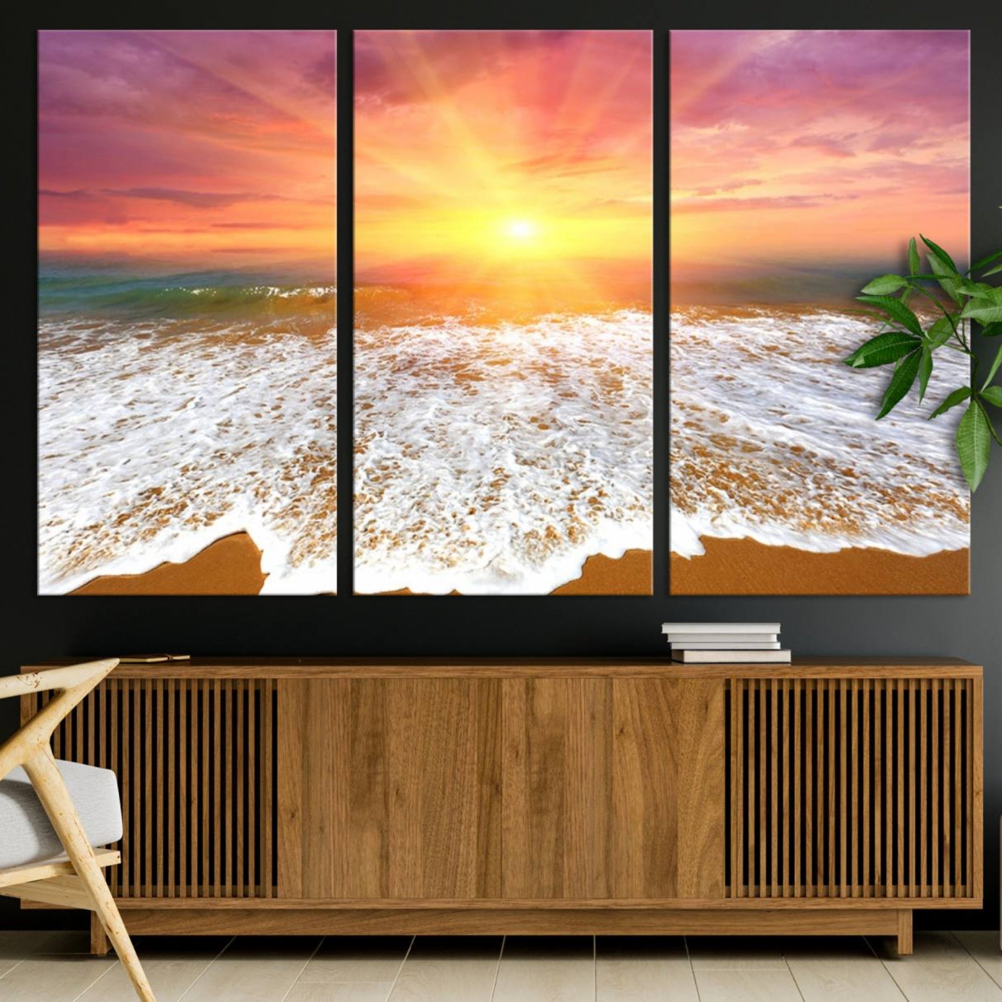 73780-MGV-CV-36X24-Golden Beach Sunrise Canvas Wall Art, 3-Panel Giclee Print Featuring Ocean Waves on Sandy Shore,