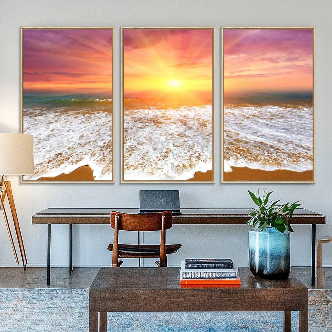 73780-MGV-FC-48X32-3P_Natural-Golden Beach Sunrise Canvas Wall Art, 3-Panel Giclee Print Featuring Ocean Waves on Sandy Shore,
