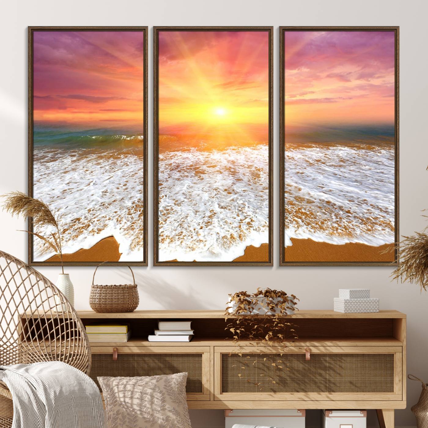 73780-MGV-FC-48X32-3P_Walnut-Golden Beach Sunrise Canvas Wall Art, 3-Panel Giclee Print Featuring Ocean Waves on Sandy Shore,