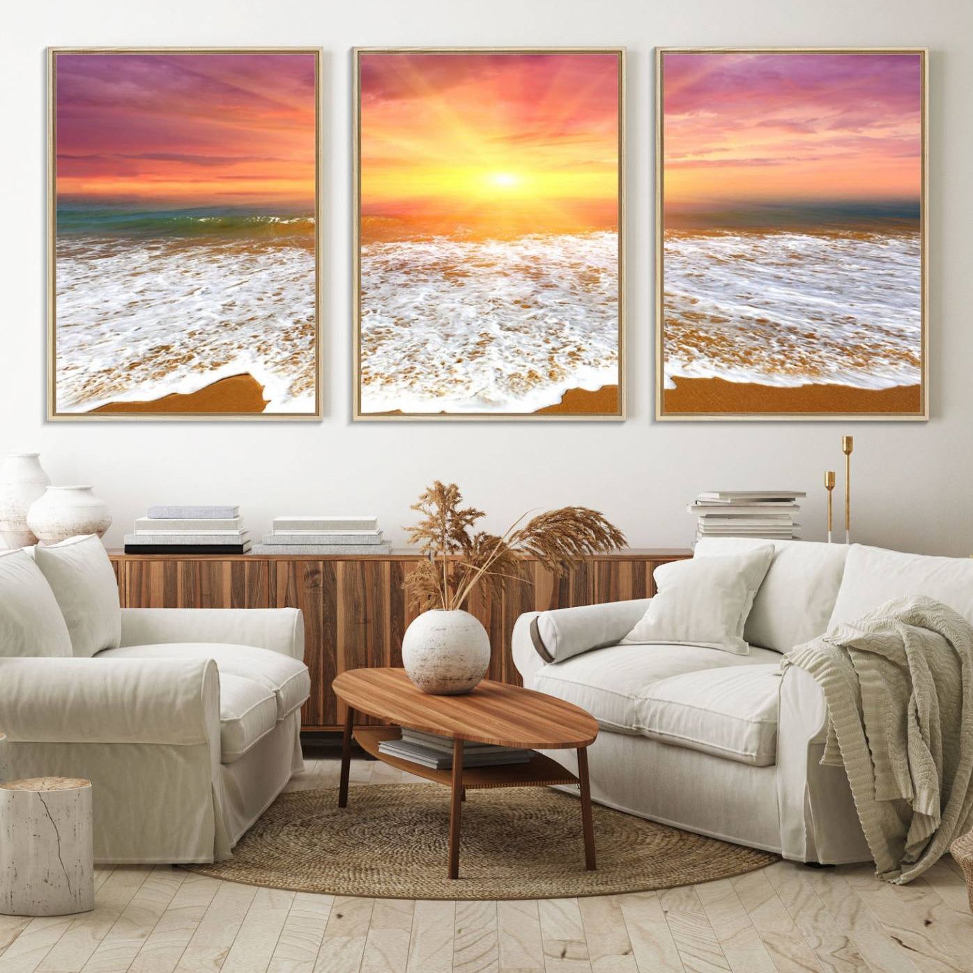 73780-MGV-FC-60X30-3P_Natural-Golden Beach Sunrise Canvas Wall Art, 3-Panel Giclee Print Featuring Ocean Waves on Sandy Shore,