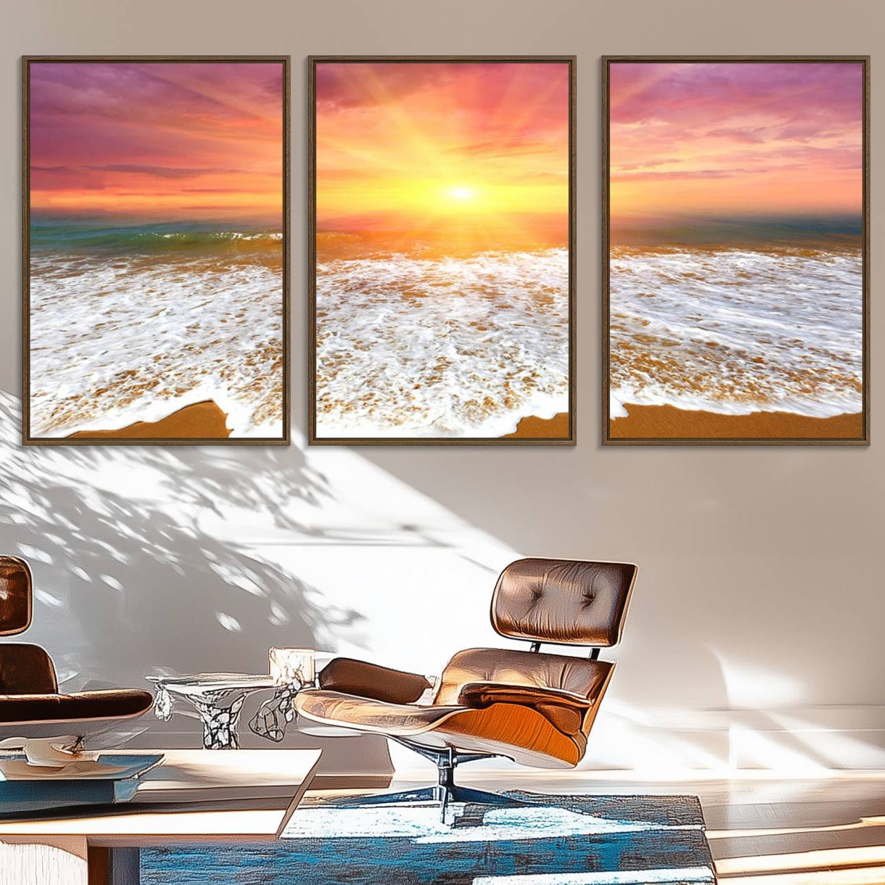 73780-MGV-FC-60X30-3P_Walnut-Golden Beach Sunrise Canvas Wall Art, 3-Panel Giclee Print Featuring Ocean Waves on Sandy Shore,