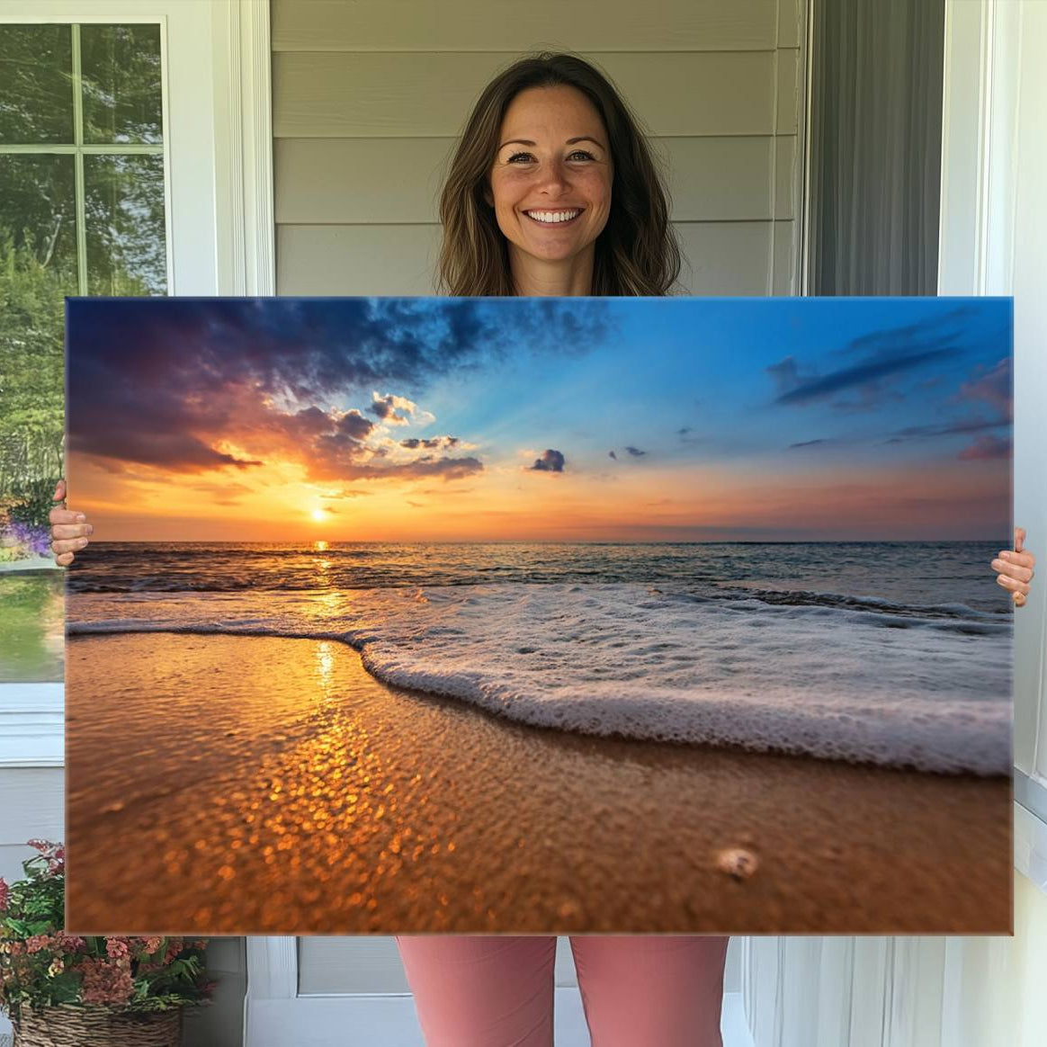 -Golden Sunset Beach Waves Canvas Print, Triptych Canvas Wall Art, Coastal Shoreline Ocean Waves
