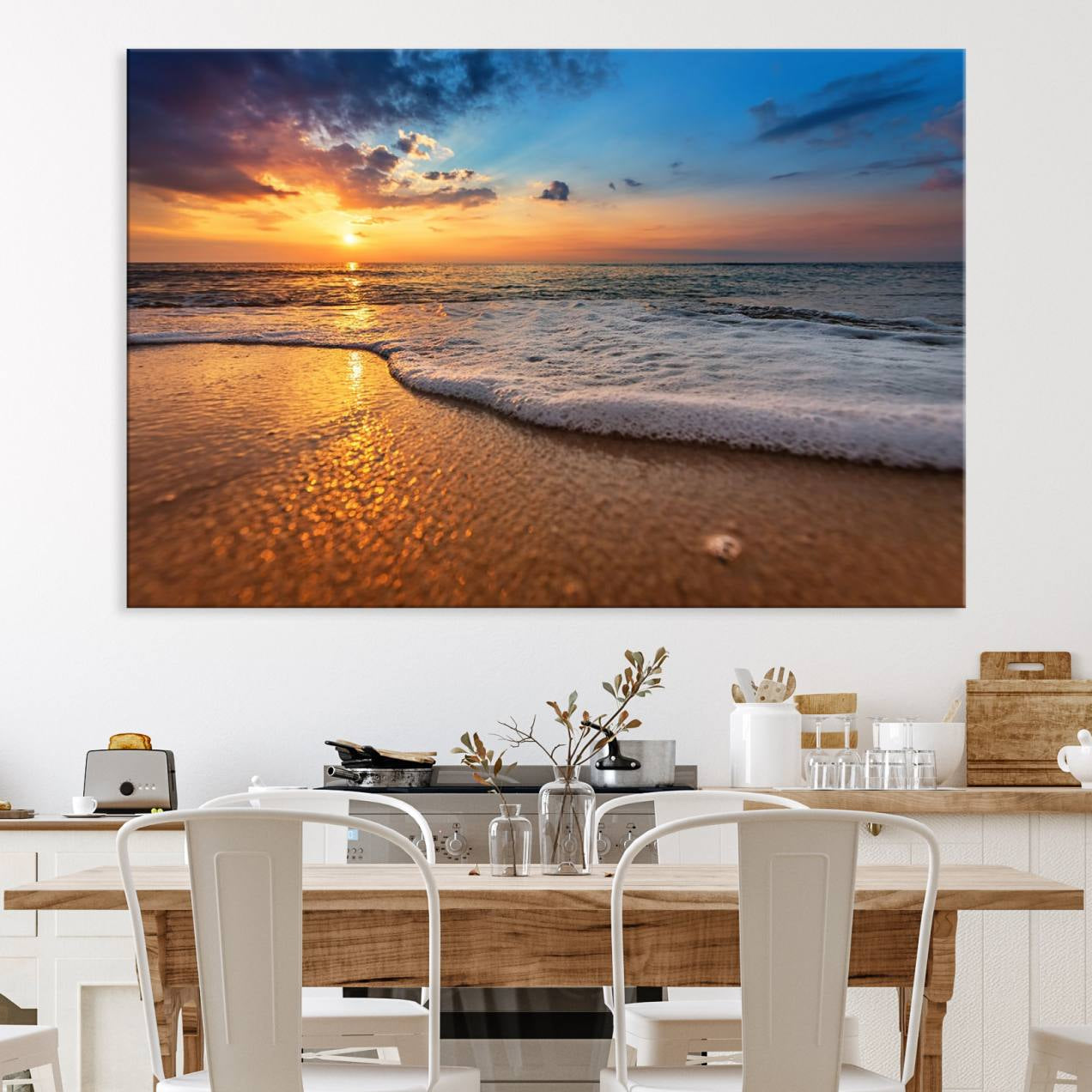 -Golden Sunset Beach Waves Canvas Print, Triptych Canvas Wall Art, Coastal Shoreline Ocean Waves
