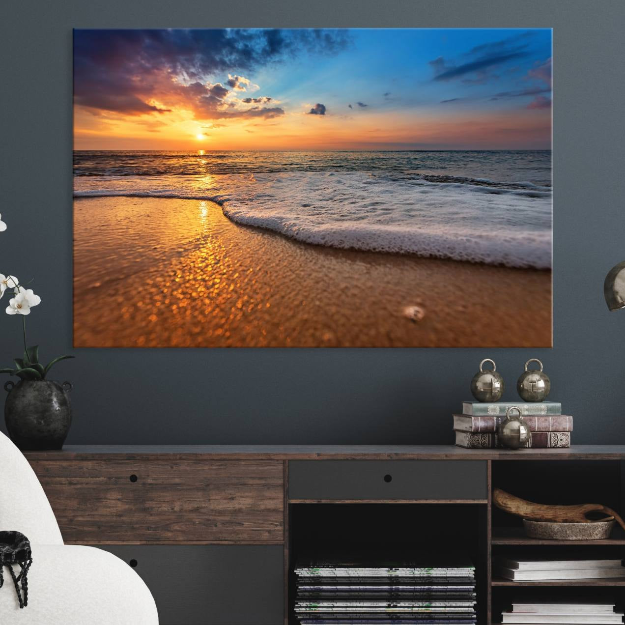 -Golden Sunset Beach Waves Canvas Print, Triptych Canvas Wall Art, Coastal Shoreline Ocean Waves
