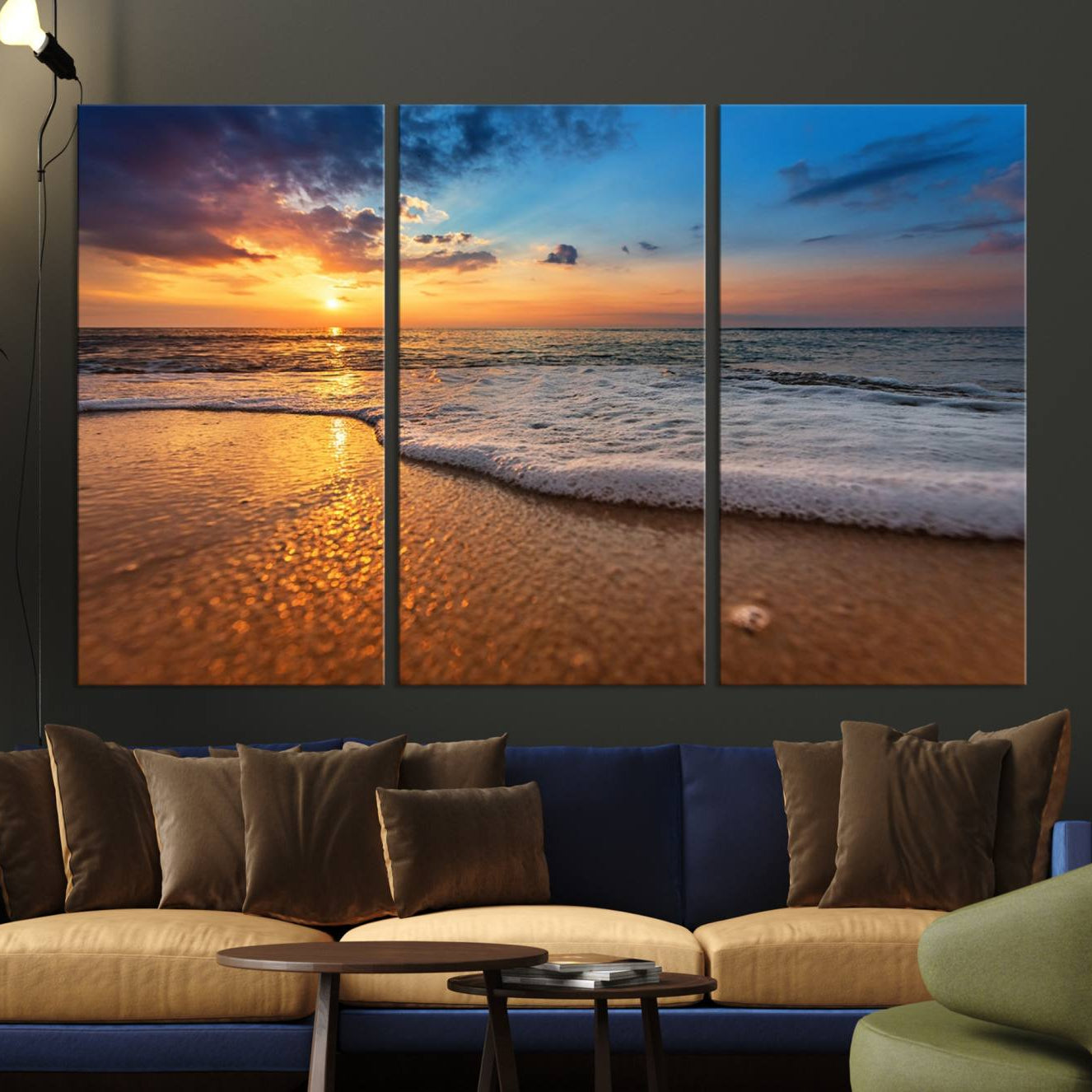 -Golden Sunset Beach Waves Canvas Print, Triptych Canvas Wall Art, Coastal Shoreline Ocean Waves