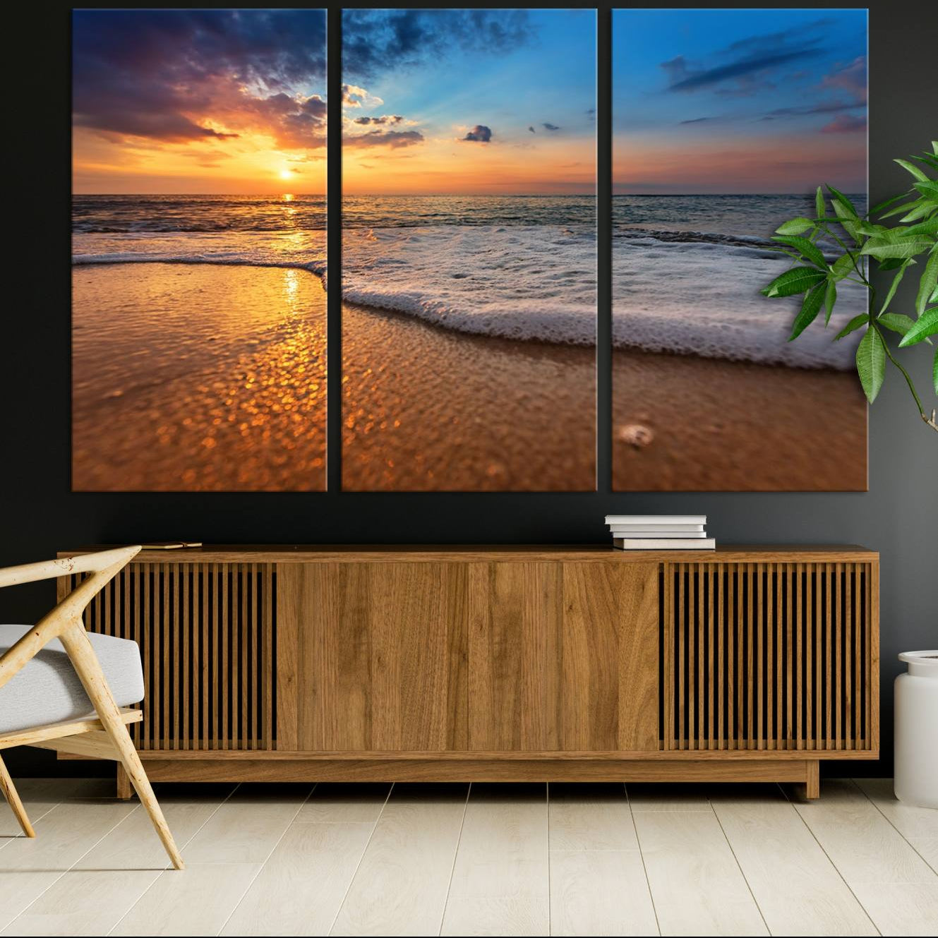 -Golden Sunset Beach Waves Canvas Print, Triptych Canvas Wall Art, Coastal Shoreline Ocean Waves