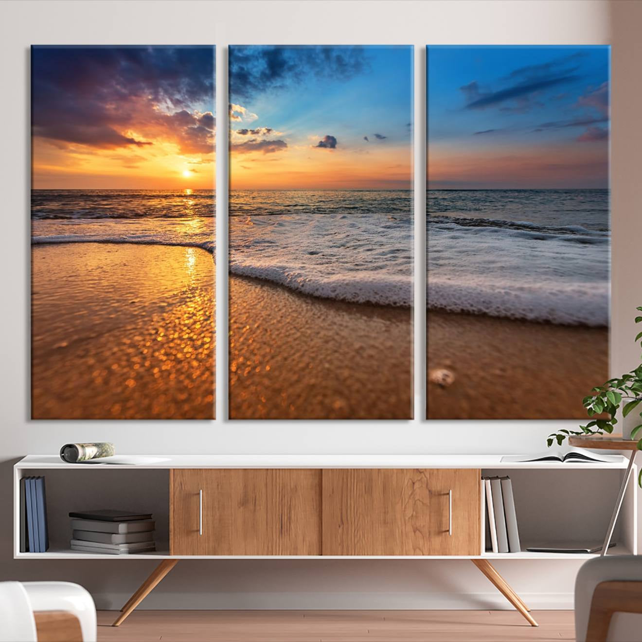 -Golden Sunset Beach Waves Canvas Print, Triptych Canvas Wall Art, Coastal Shoreline Ocean Waves