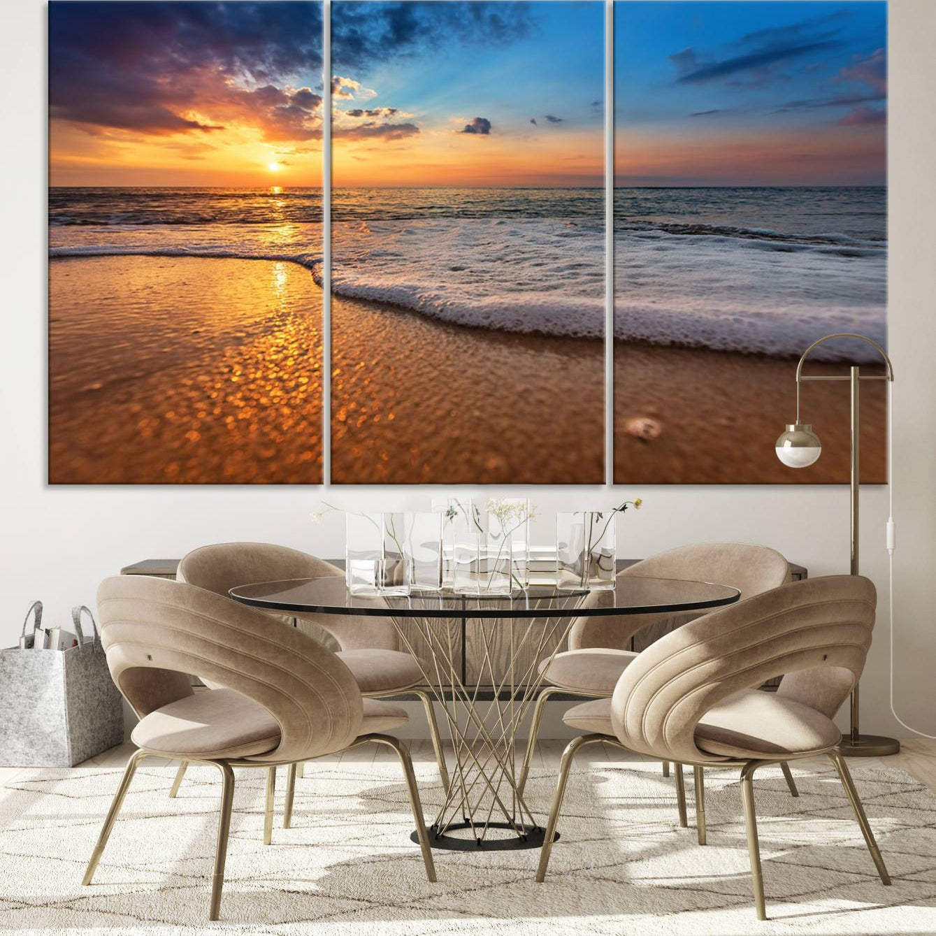 -Golden Sunset Beach Waves Canvas Print, Triptych Canvas Wall Art, Coastal Shoreline Ocean Waves
