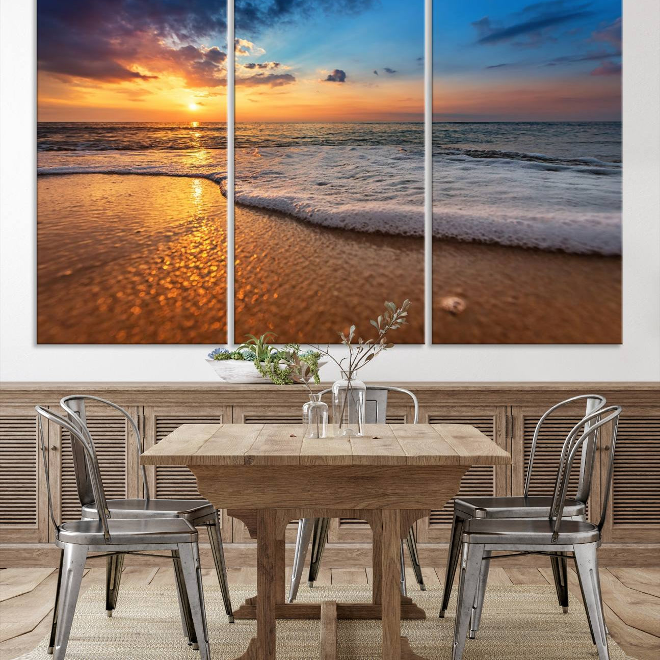 -Golden Sunset Beach Waves Canvas Print, Triptych Canvas Wall Art, Coastal Shoreline Ocean Waves
