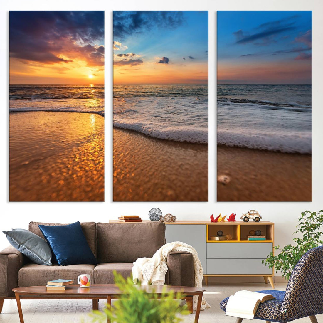Golden Sunset Beach Waves Canvas Print, Triptych Canvas Wall Art, Coastal Shoreline