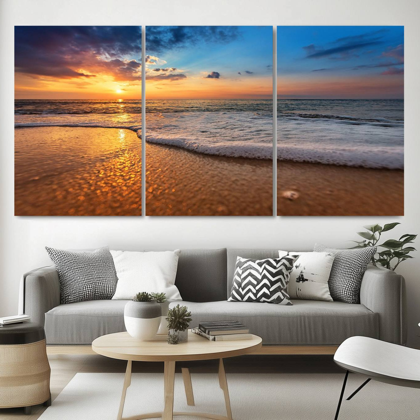 -Golden Sunset Beach Waves Canvas Print, Triptych Canvas Wall Art, Coastal Shoreline Ocean Waves