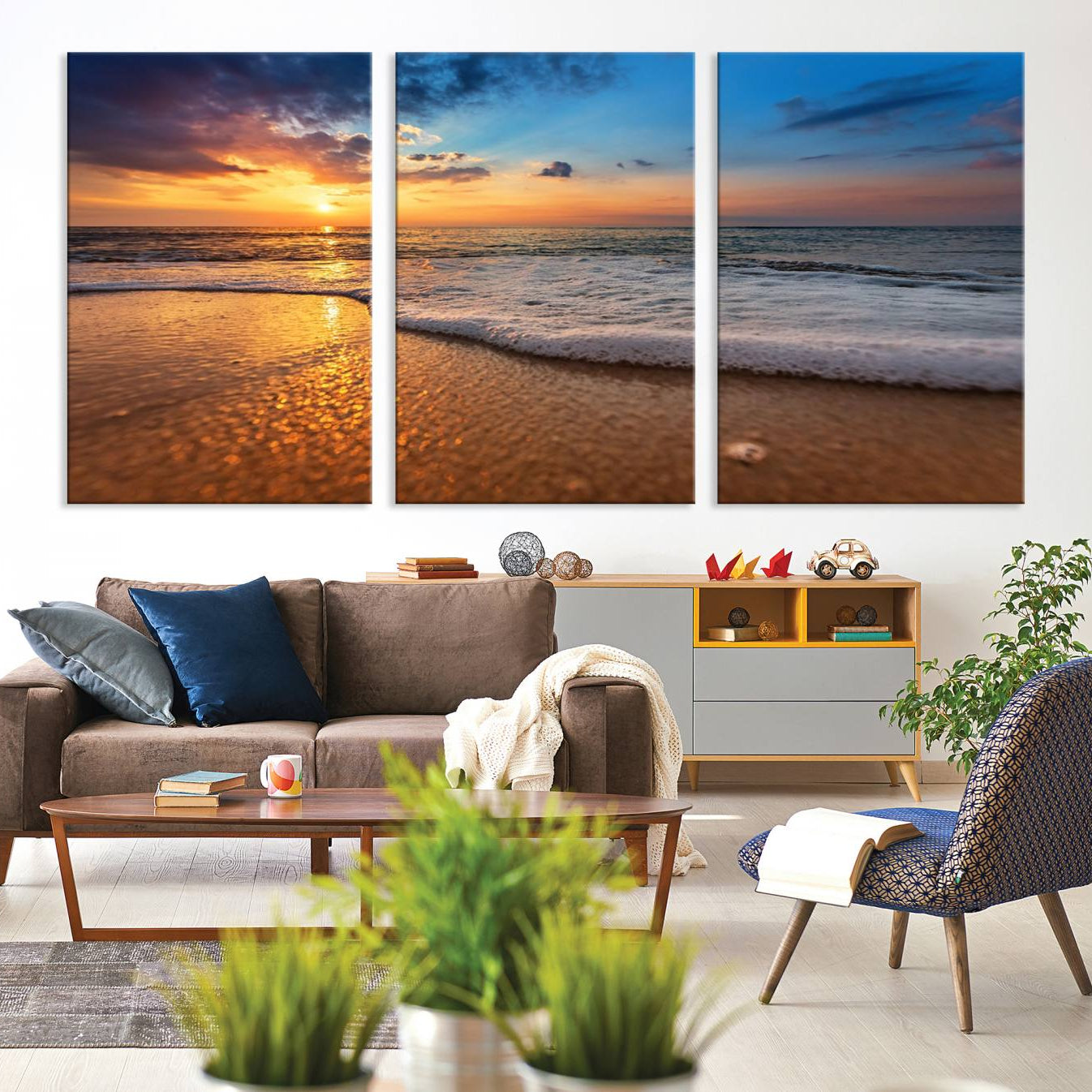 -Golden Sunset Beach Waves Canvas Print, Triptych Canvas Wall Art, Coastal Shoreline Ocean Waves