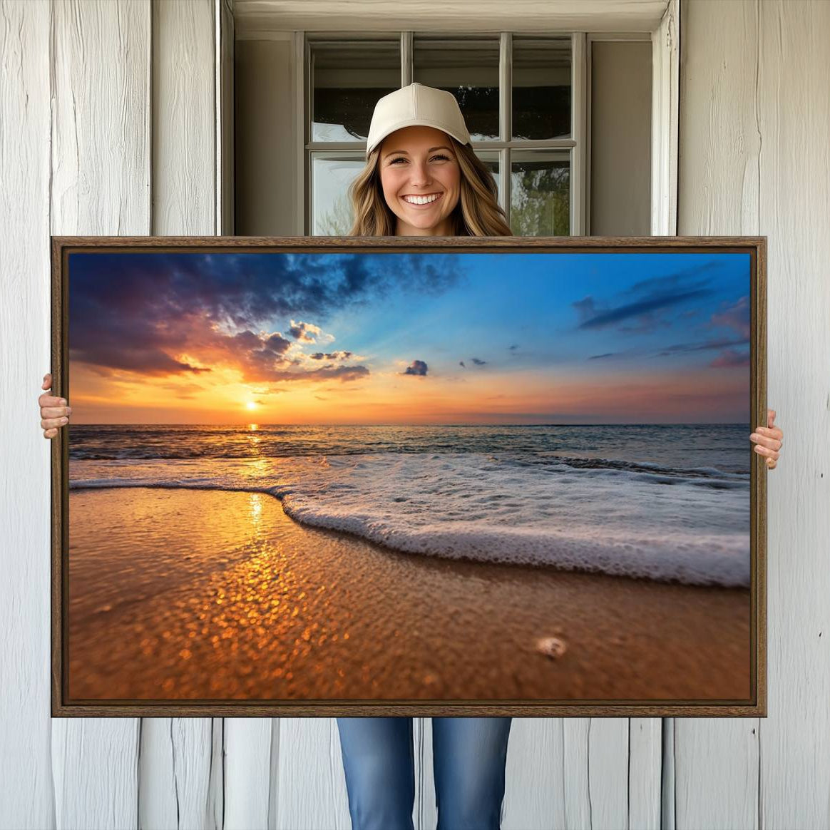 -Golden Sunset Beach Waves Canvas Print, Triptych Canvas Wall Art, Coastal Shoreline Ocean Waves