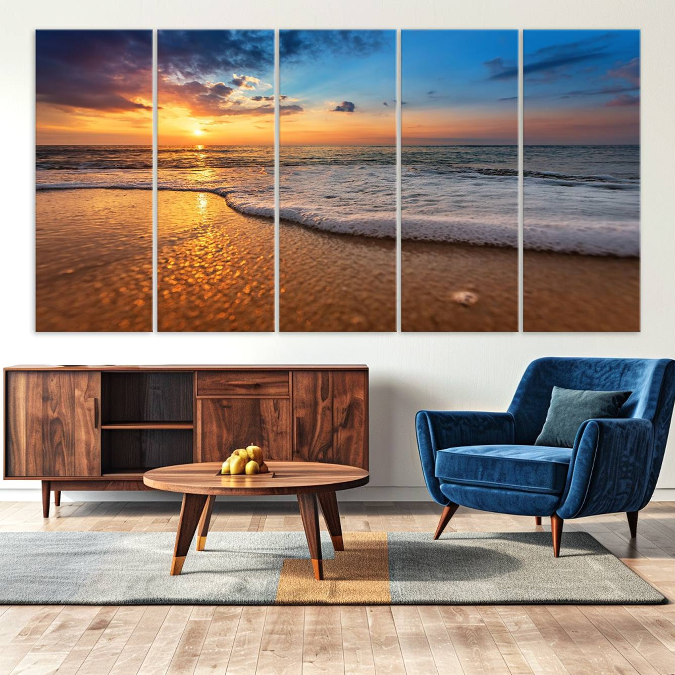 -Golden Sunset Beach Waves Canvas Print, Triptych Canvas Wall Art, Coastal Shoreline Ocean Waves