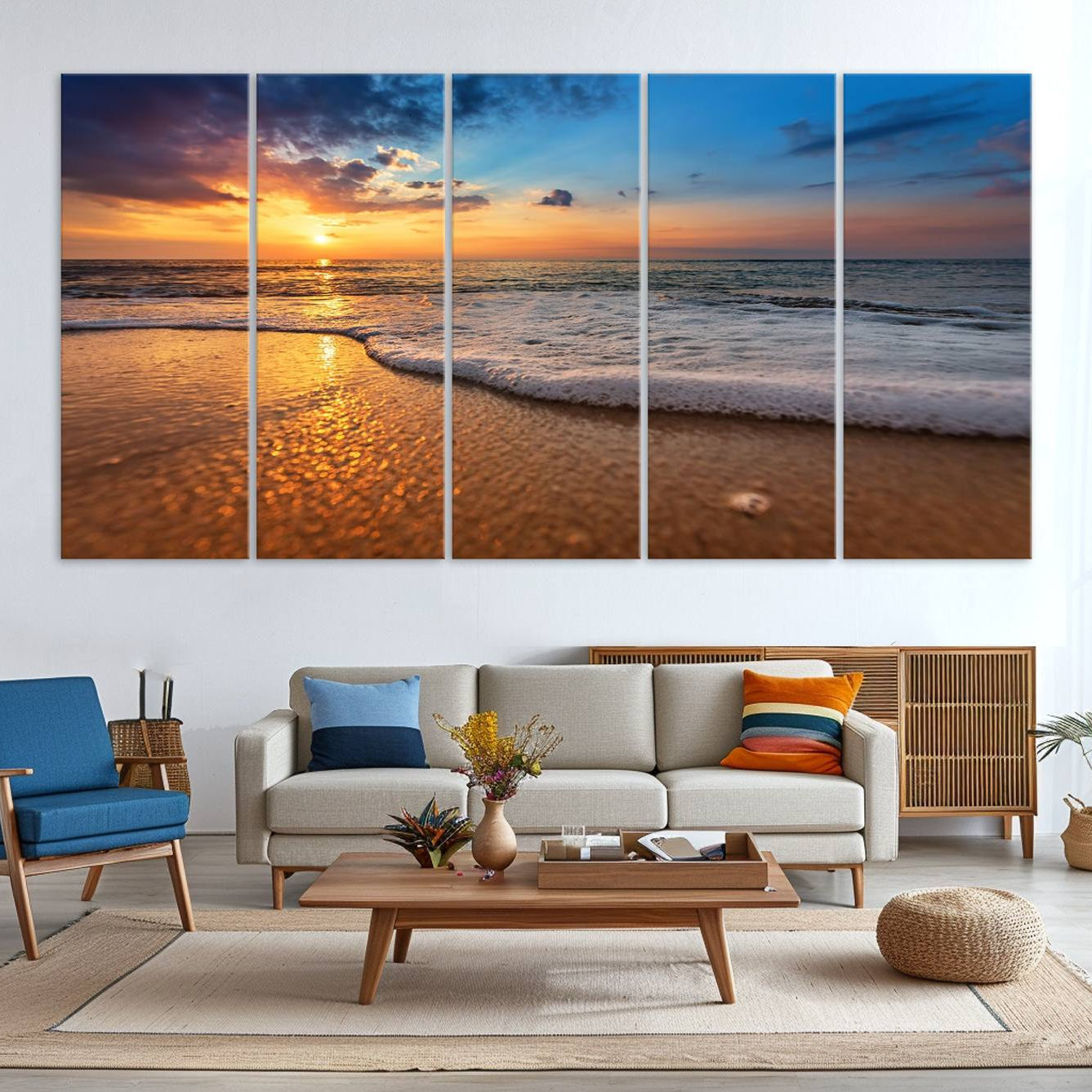 -Golden Sunset Beach Waves Canvas Print, Triptych Canvas Wall Art, Coastal Shoreline Ocean Waves