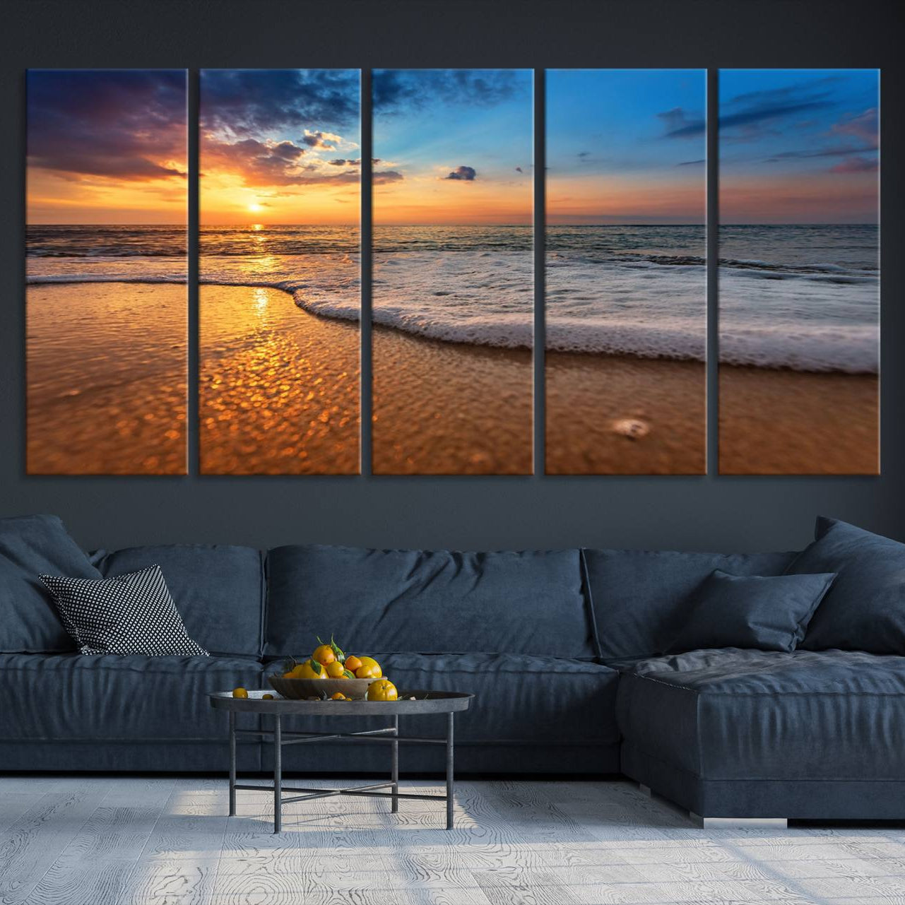 -Golden Sunset Beach Waves Canvas Print, Triptych Canvas Wall Art, Coastal Shoreline Ocean Waves