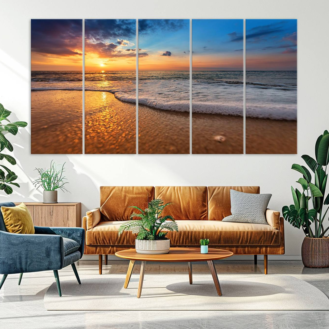 -Golden Sunset Beach Waves Canvas Print, Triptych Canvas Wall Art, Coastal Shoreline Ocean Waves