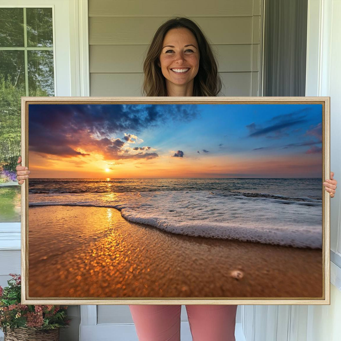-Golden Sunset Beach Waves Canvas Print, Triptych Canvas Wall Art, Coastal Shoreline Ocean Waves