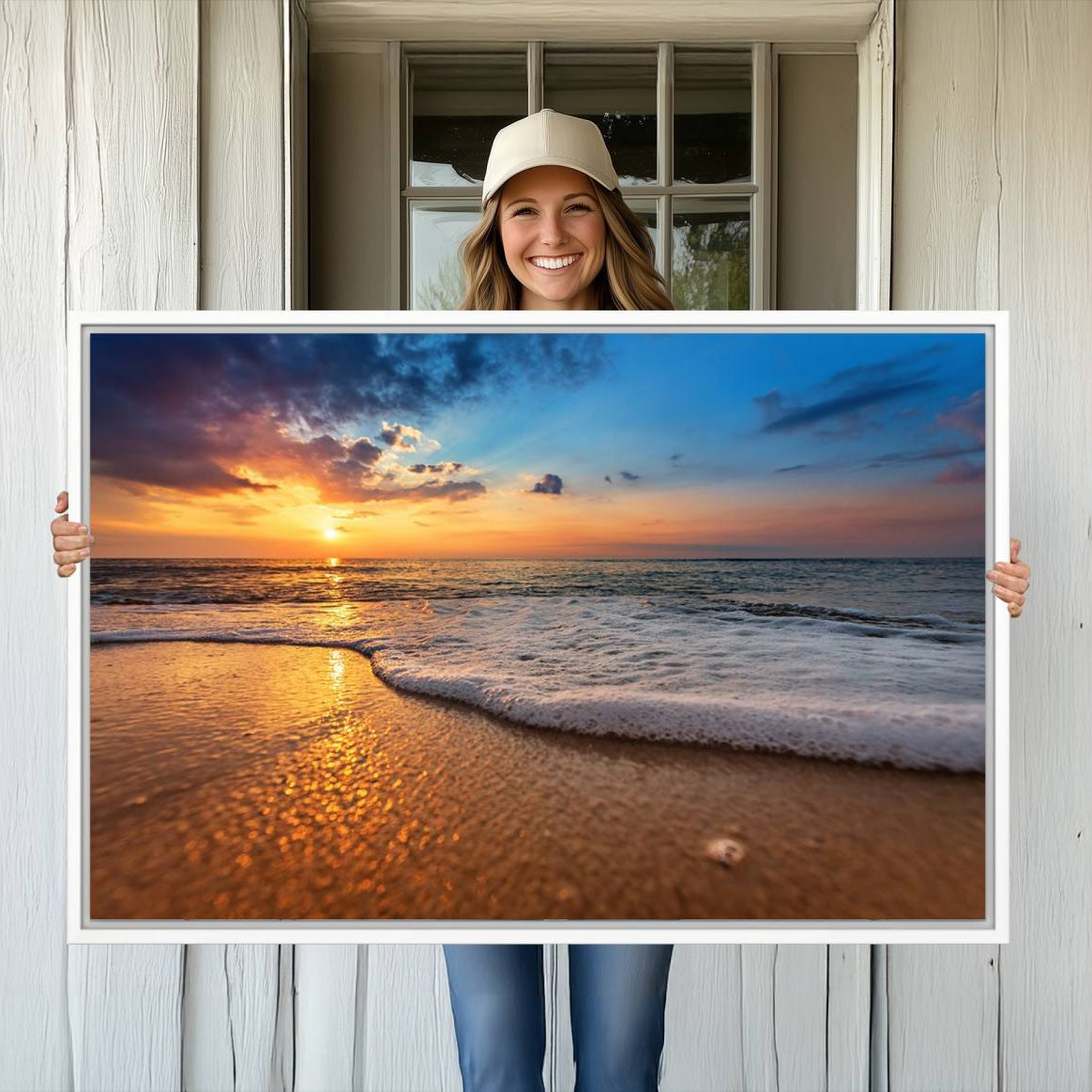 -Golden Sunset Beach Waves Canvas Print, Triptych Canvas Wall Art, Coastal Shoreline Ocean Waves