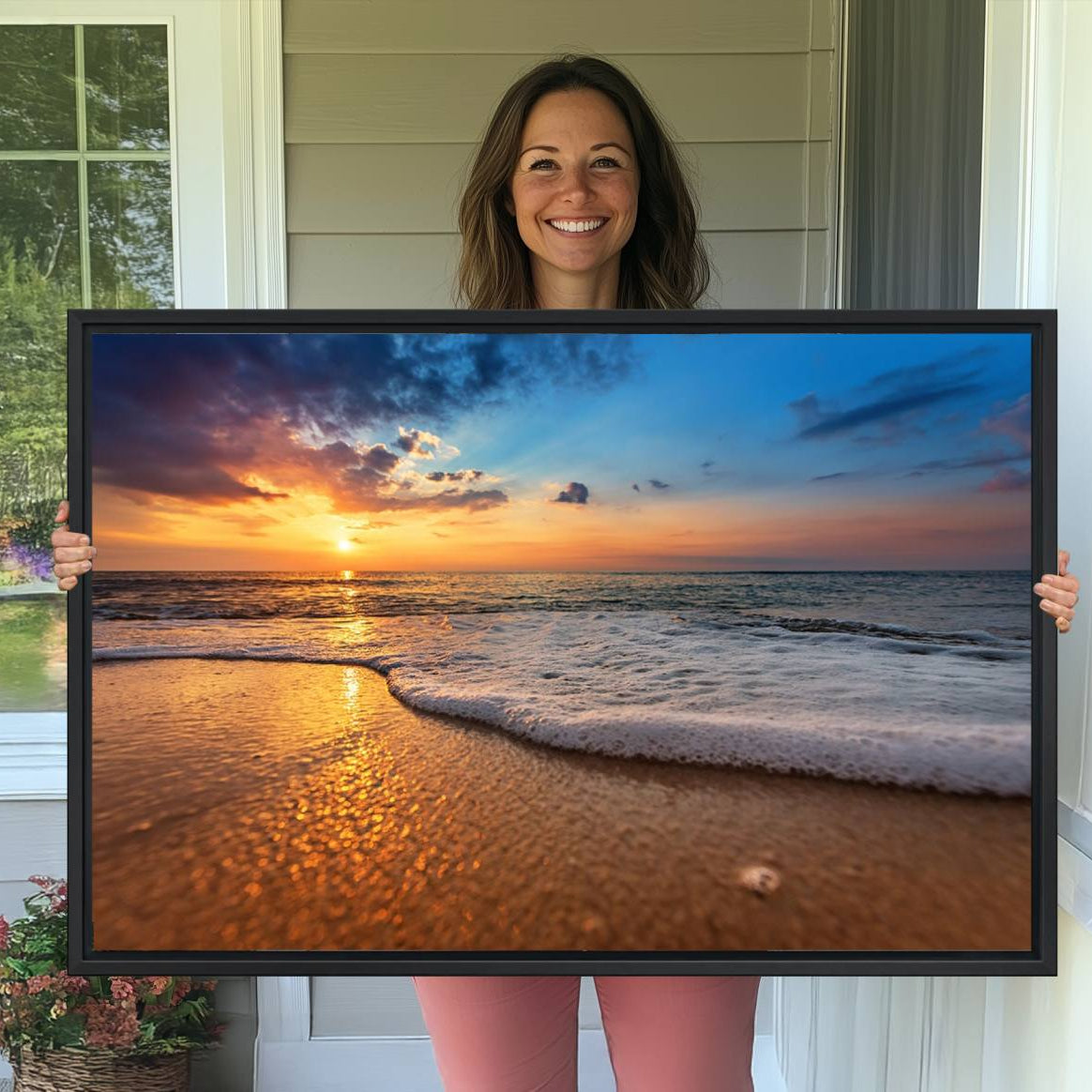 -Golden Sunset Beach Waves Canvas Print, Triptych Canvas Wall Art, Coastal Shoreline Ocean Waves