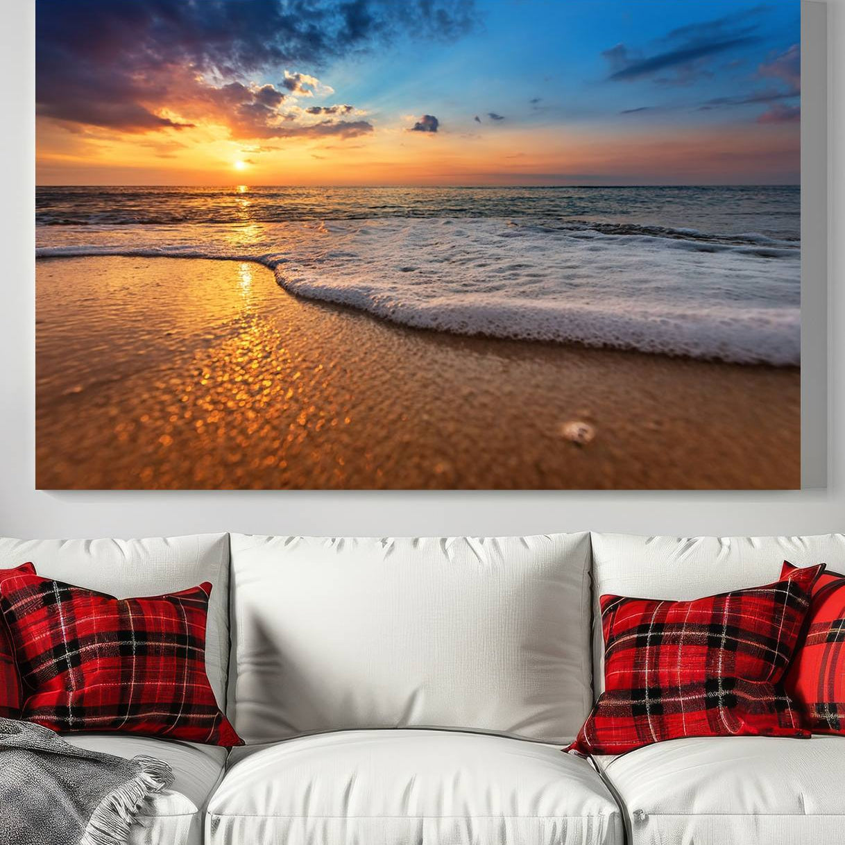 -Golden Sunset Beach Waves Canvas Print, Triptych Canvas Wall Art, Coastal Shoreline Ocean Waves