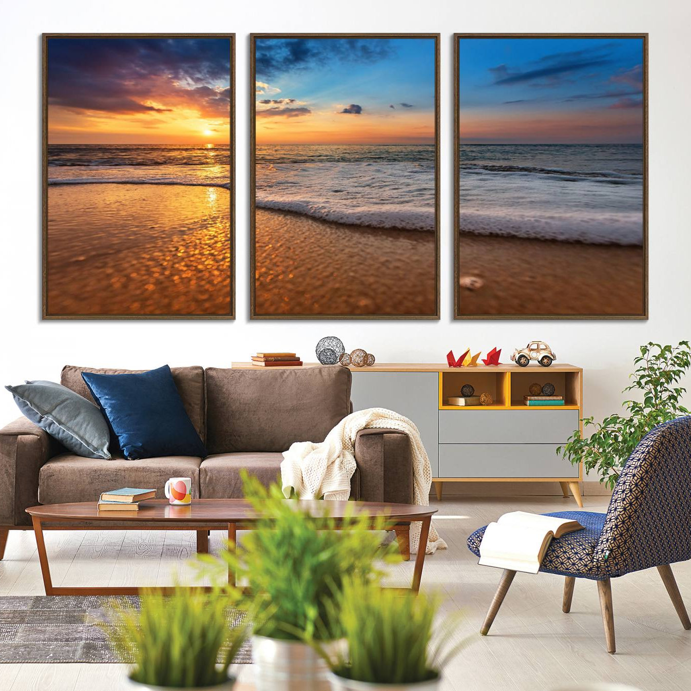 -Golden Sunset Beach Waves Canvas Print, Triptych Canvas Wall Art, Coastal Shoreline Ocean Waves