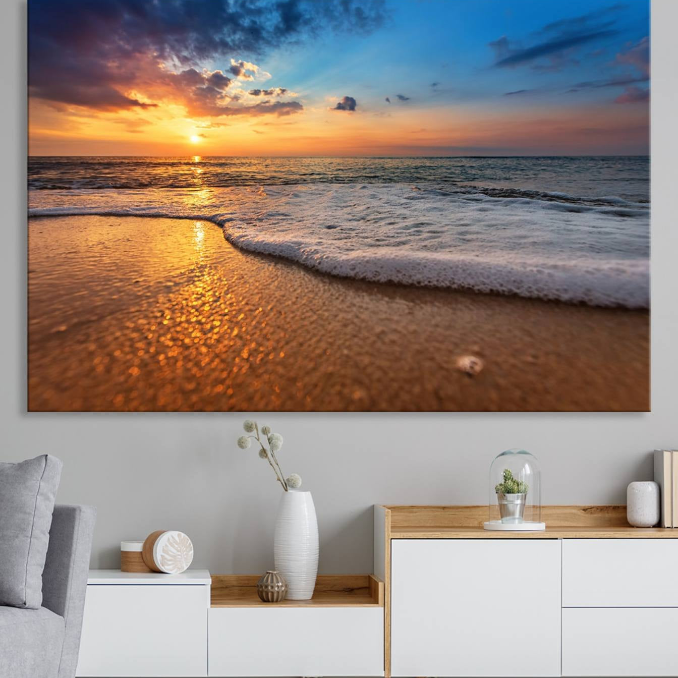 -Golden Sunset Beach Waves Canvas Print, Triptych Canvas Wall Art, Coastal Shoreline Ocean Waves