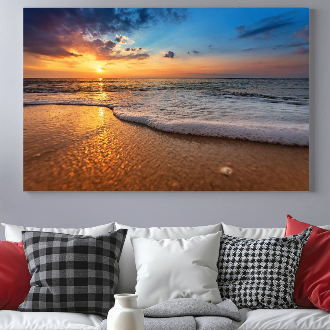 -Golden Sunset Beach Waves Canvas Print, Triptych Canvas Wall Art, Coastal Shoreline Ocean Waves