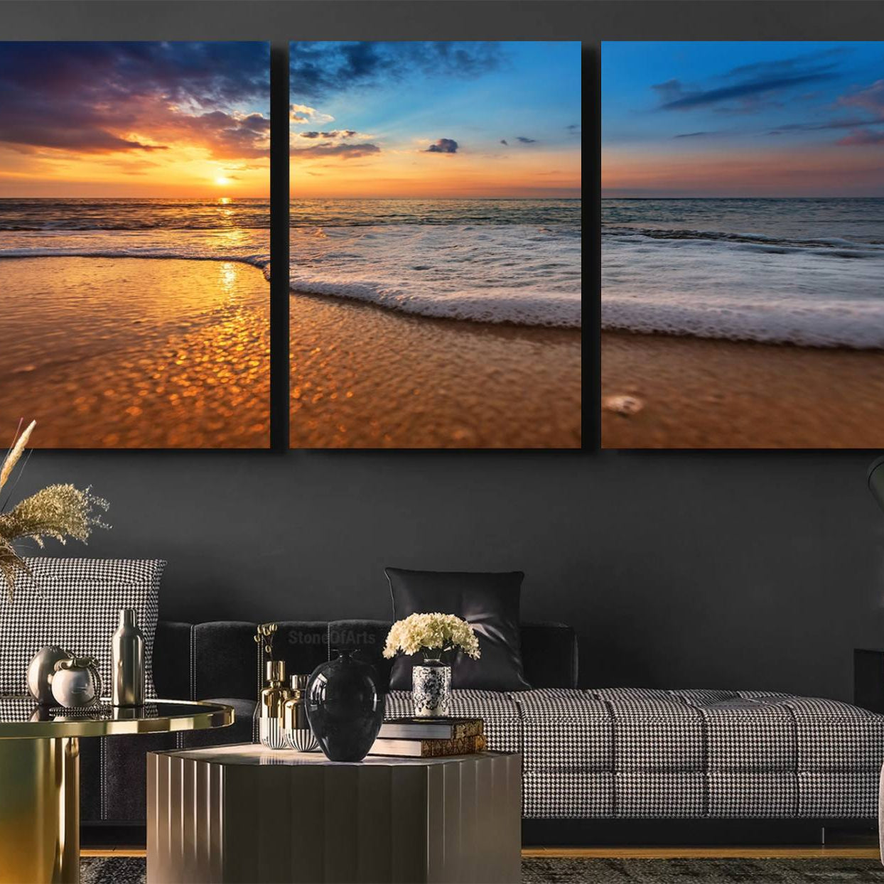 12740-MGV-CV-60X30-3P-Golden Sunset Beach Waves Canvas Print, Triptych Canvas Wall Art, Coastal Shoreline Ocean Waves