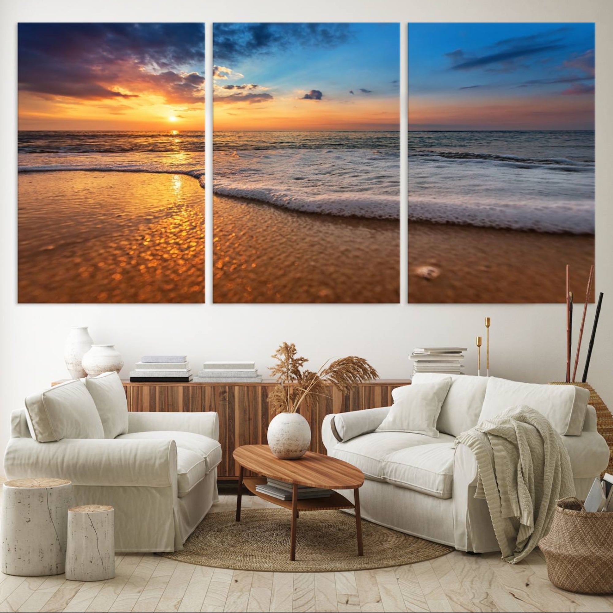 12740-MGV-CV-36X24-Golden Sunset Beach Waves Canvas Print, Triptych Canvas Wall Art, Coastal Shoreline Ocean Waves