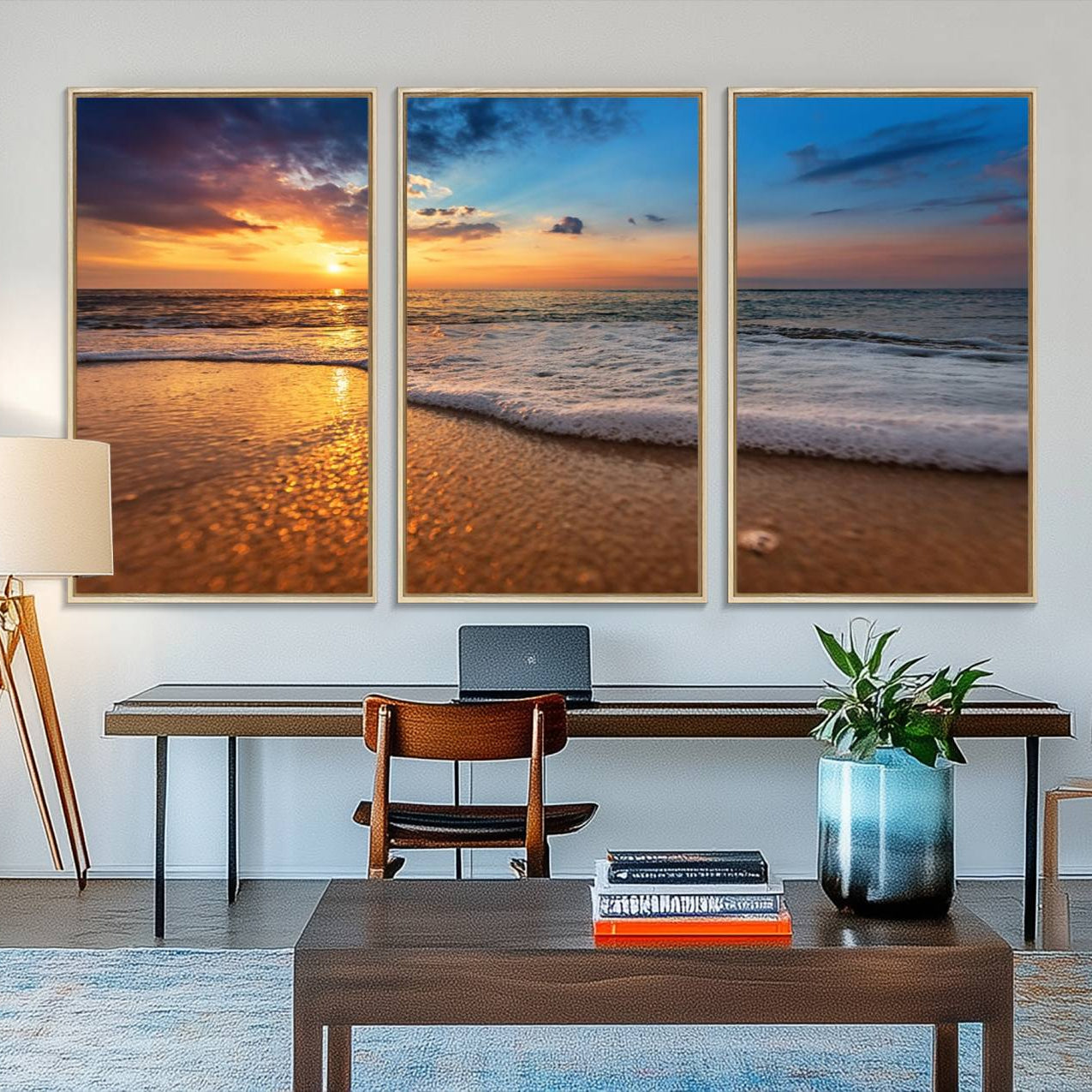 12740-MGV-FC-48X32-3P_Natural-Golden Sunset Beach Waves Canvas Print, Triptych Canvas Wall Art, Coastal Shoreline Ocean Waves