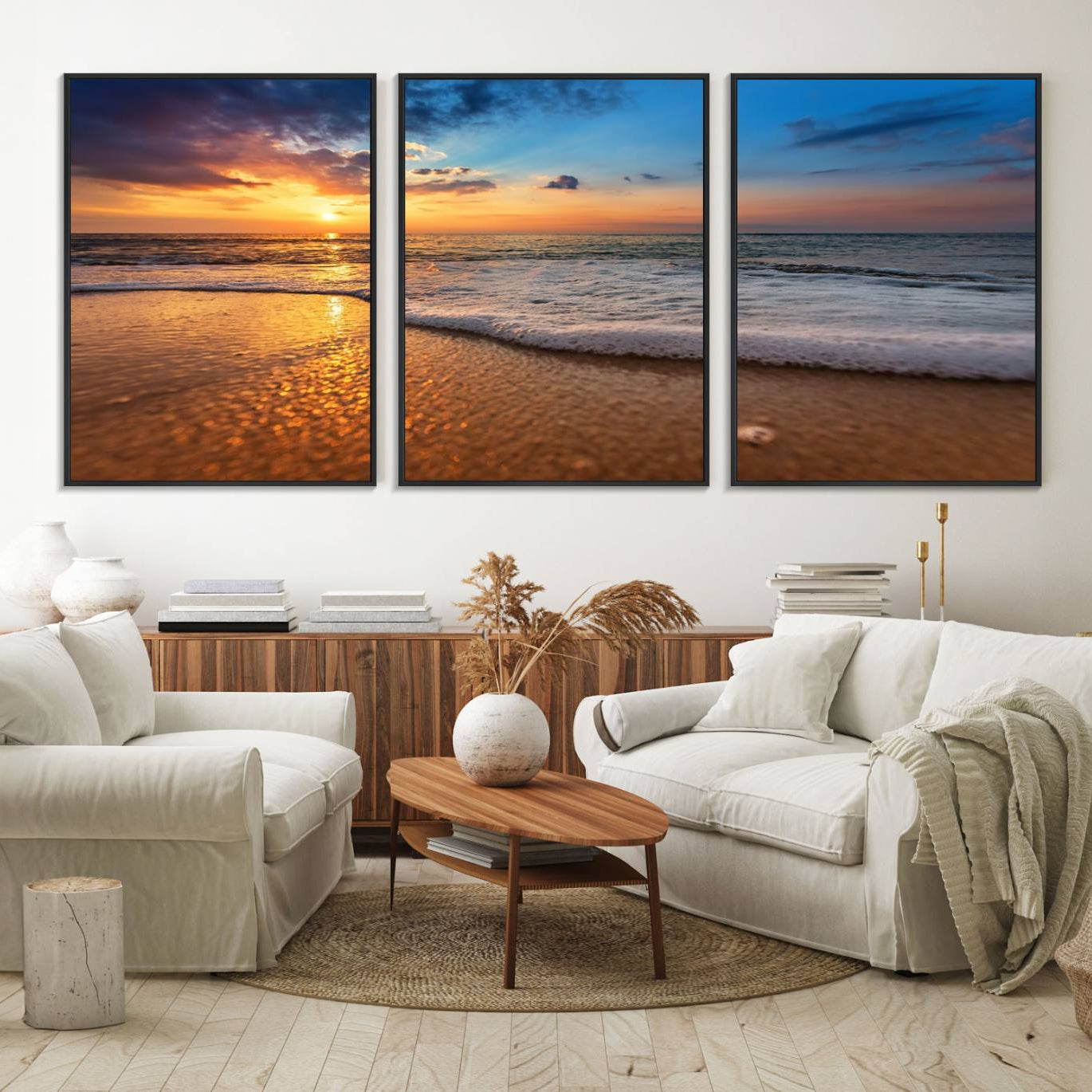 12740-MGV-FC-60X30-3P_Black-Golden Sunset Beach Waves Canvas Print, Triptych Canvas Wall Art, Coastal Shoreline Ocean Waves
