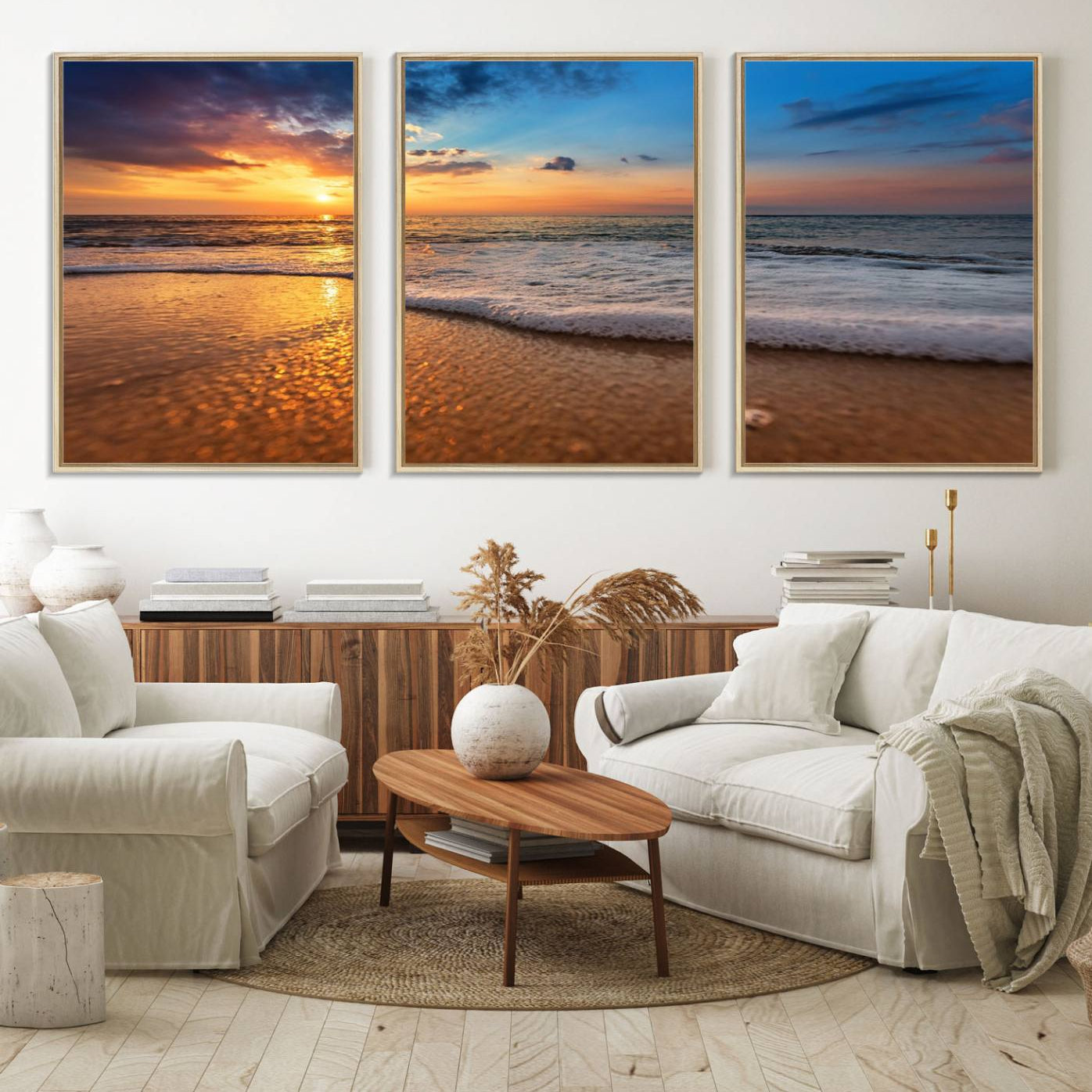 12740-MGV-FC-60X30-3P_Natural-Golden Sunset Beach Waves Canvas Print, Triptych Canvas Wall Art, Coastal Shoreline Ocean Waves