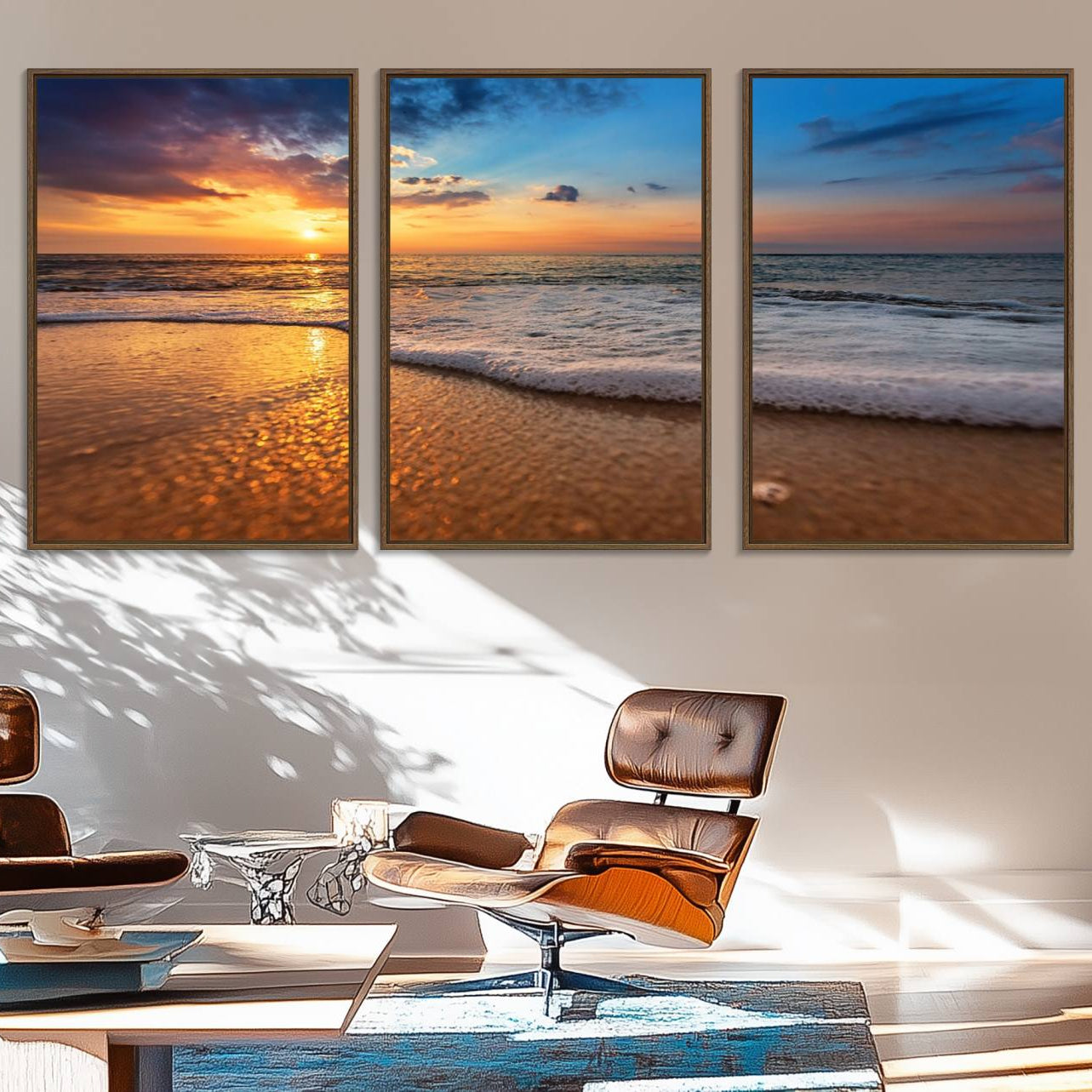 12740-MGV-FC-60X30-3P_Walnut-Golden Sunset Beach Waves Canvas Print, Triptych Canvas Wall Art, Coastal Shoreline Ocean Waves