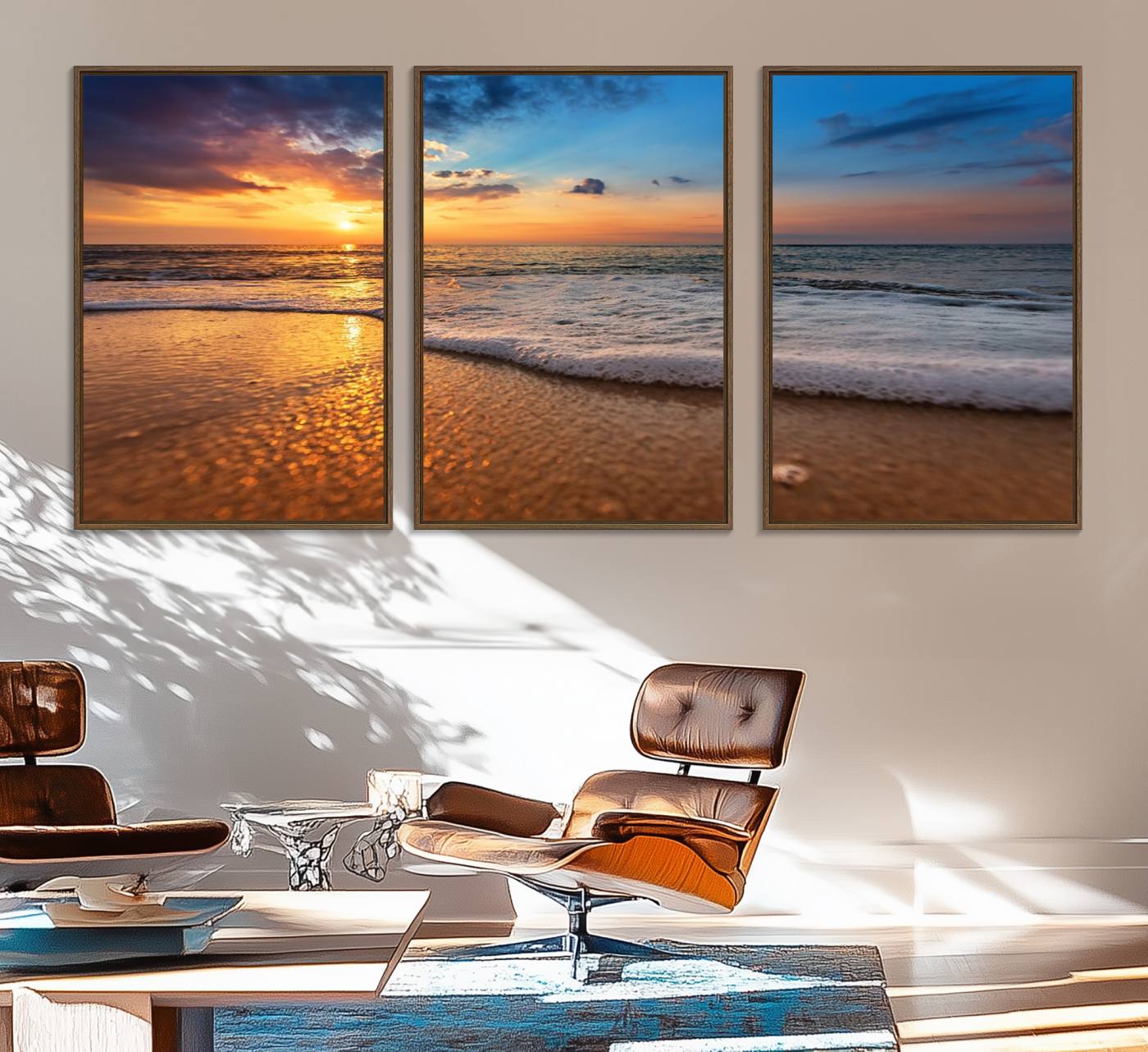 12740-MGV-FC-60X30-3P_Walnut-Golden Sunset Beach Waves Canvas Print, Triptych Canvas Wall Art, Coastal Shoreline Ocean Waves