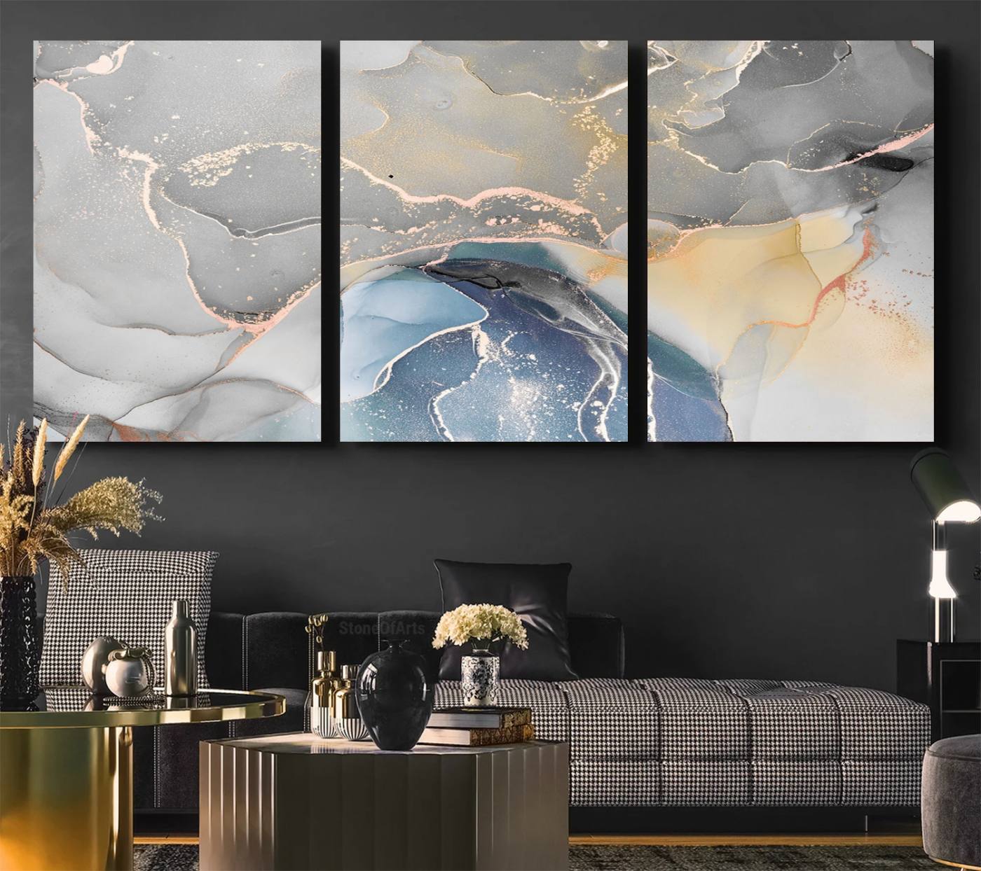 63211-MGV-CV-36X24-Gray Marble Fluid Effect Wall Art Abstract Canvas Wall Art Print