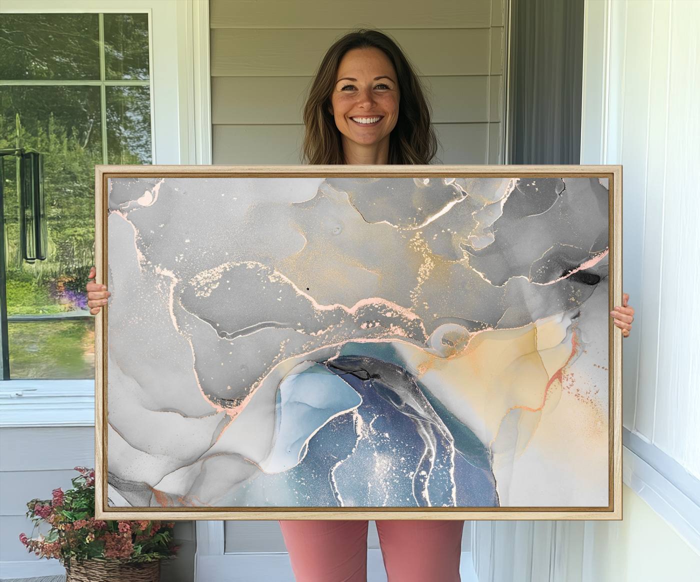 63211-MGV-CV-36X24-Gray Marble Fluid Effect Wall Art Abstract Canvas Wall Art Print