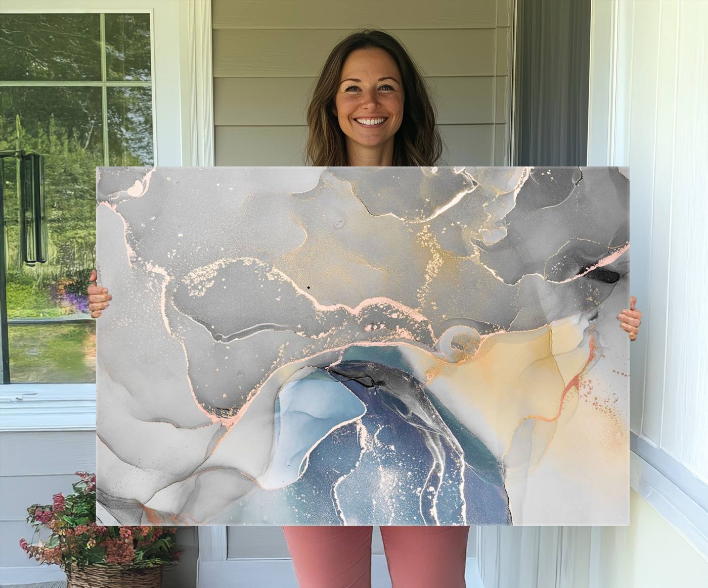 63211-MGV-CV-36X24-Gray Marble Fluid Effect Wall Art Abstract Canvas Wall Art Print