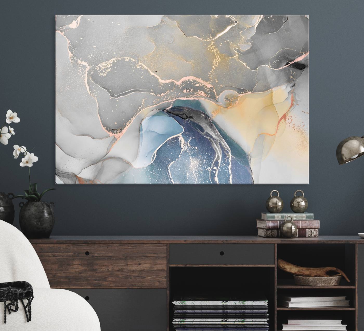 63211-MGV-CV-36X24-Gray Marble Fluid Effect Wall Art Abstract Canvas Wall Art Print