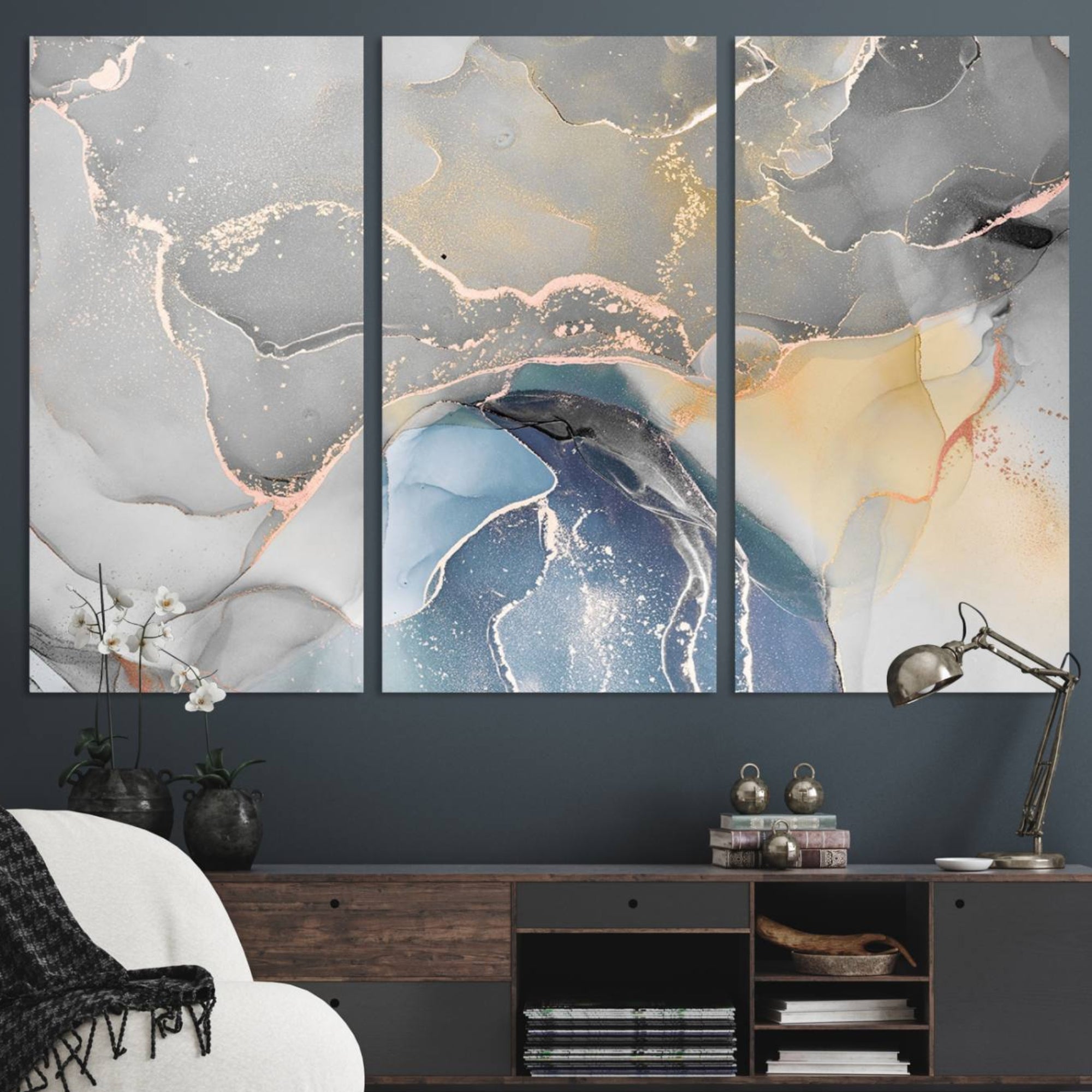 63211-MGV-CV-48X32-3P-Gray Marble Fluid Effect Wall Art Abstract Canvas Wall Art Print