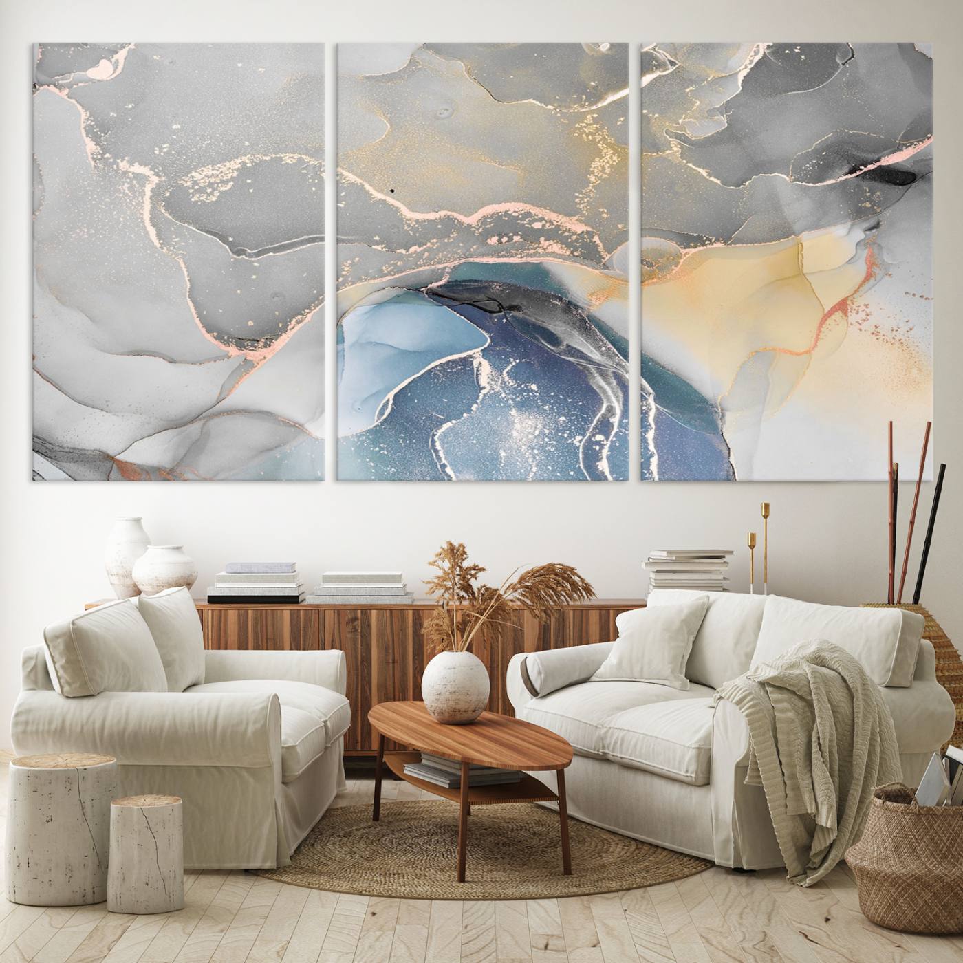 63211-MGV-CV-60X30-3P-Gray Marble Fluid Effect Wall Art Abstract Canvas Wall Art Print