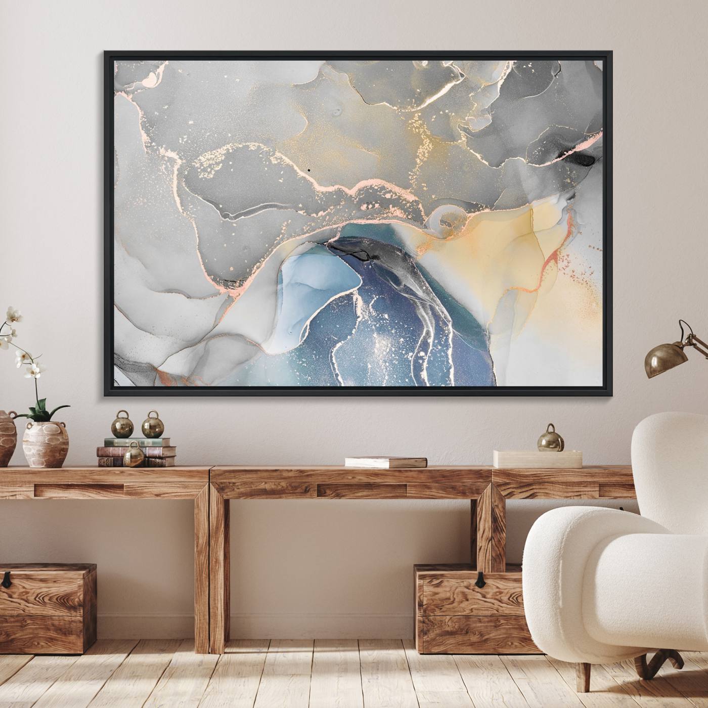 63211-MGV-FC-36X24_Black-Gray Marble Fluid Effect Wall Art Abstract Canvas Wall Art Print
