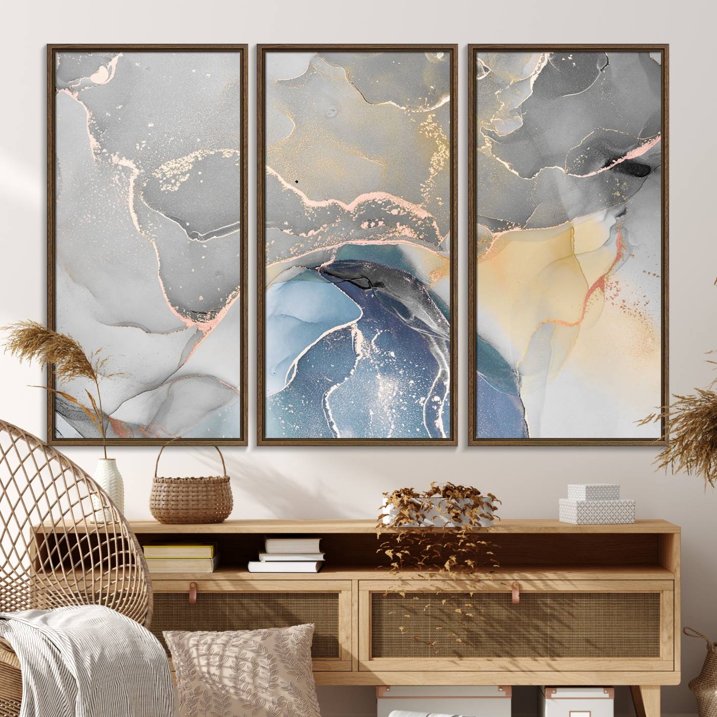 63211-MGV-FC-48X32-3P_Walnut-Gray Marble Fluid Effect Wall Art Abstract Canvas Wall Art Print