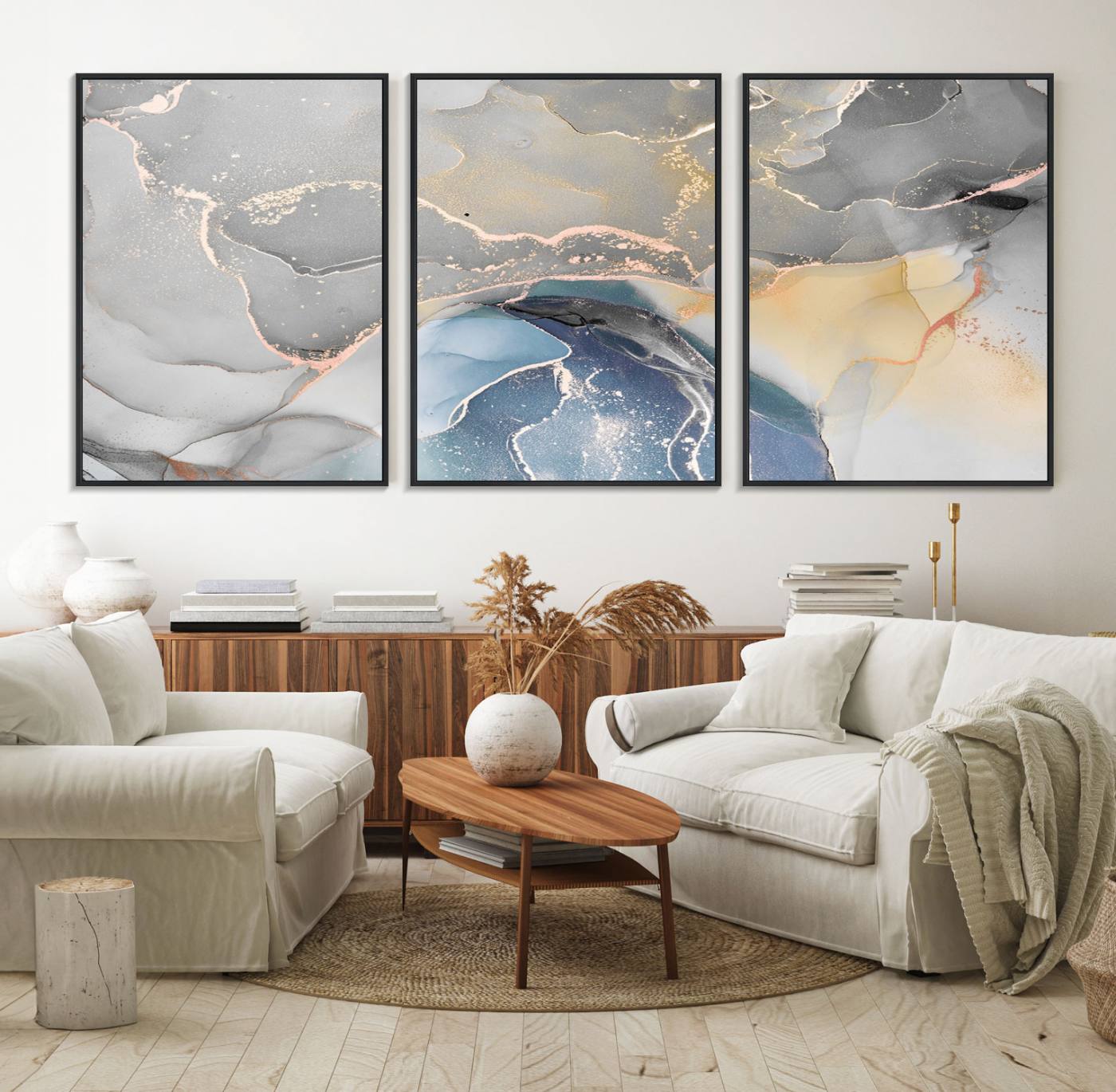 63211-MGV-FC-60X30-3P_Black-Gray Marble Fluid Effect Wall Art Abstract Canvas Wall Art Print